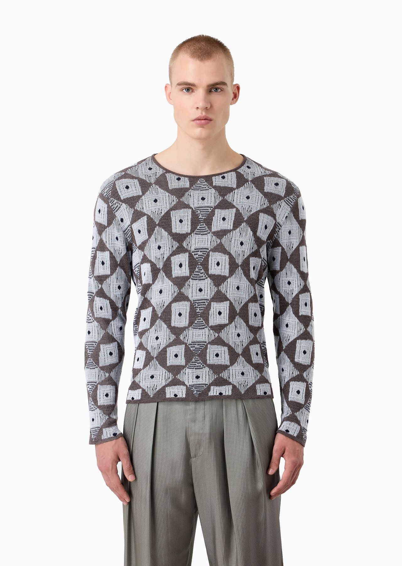 Crew-neck jumper in a wool, cotton and viscose jacquard - 2