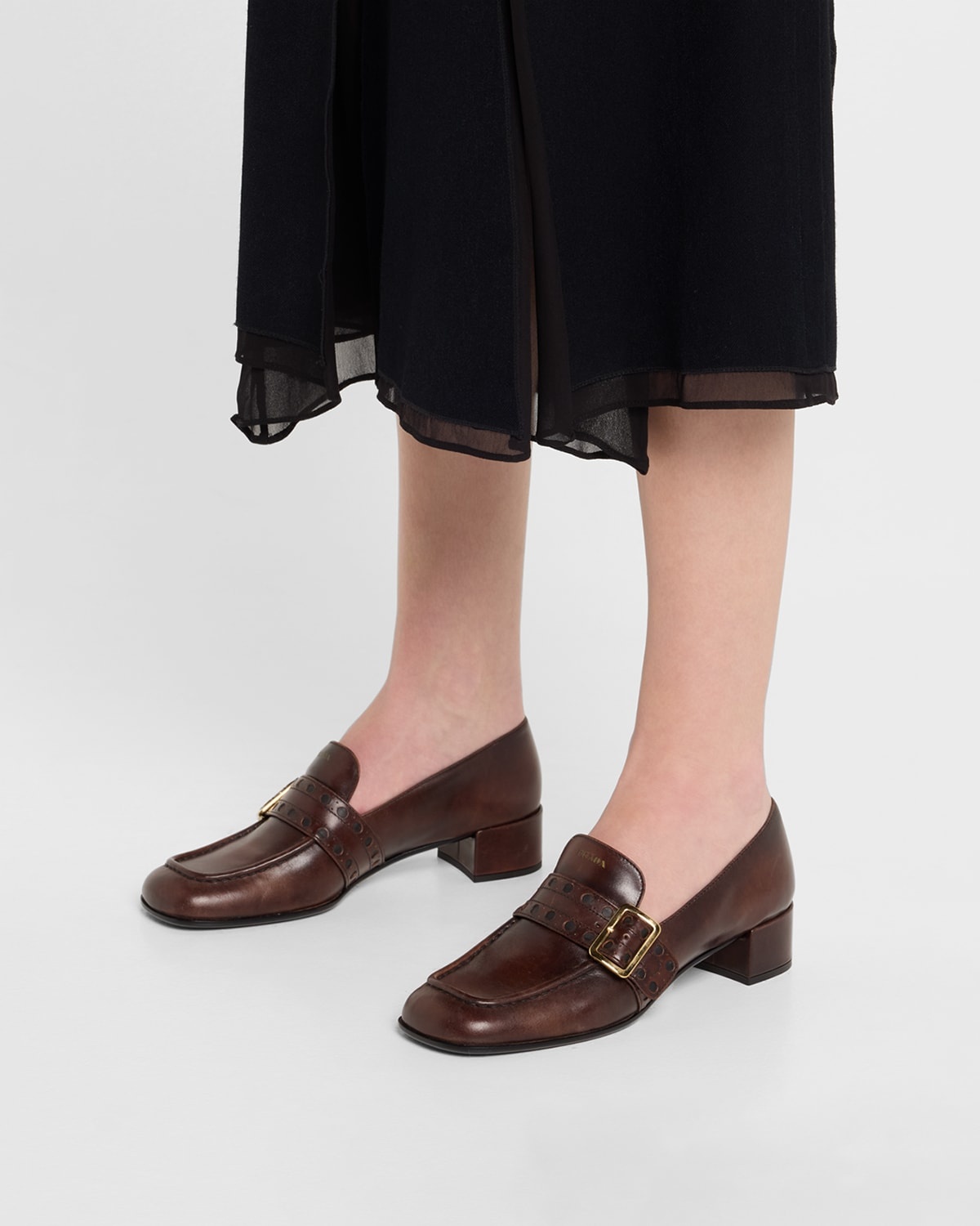 Perforated Leather Buckle Heeled Loafers - 3