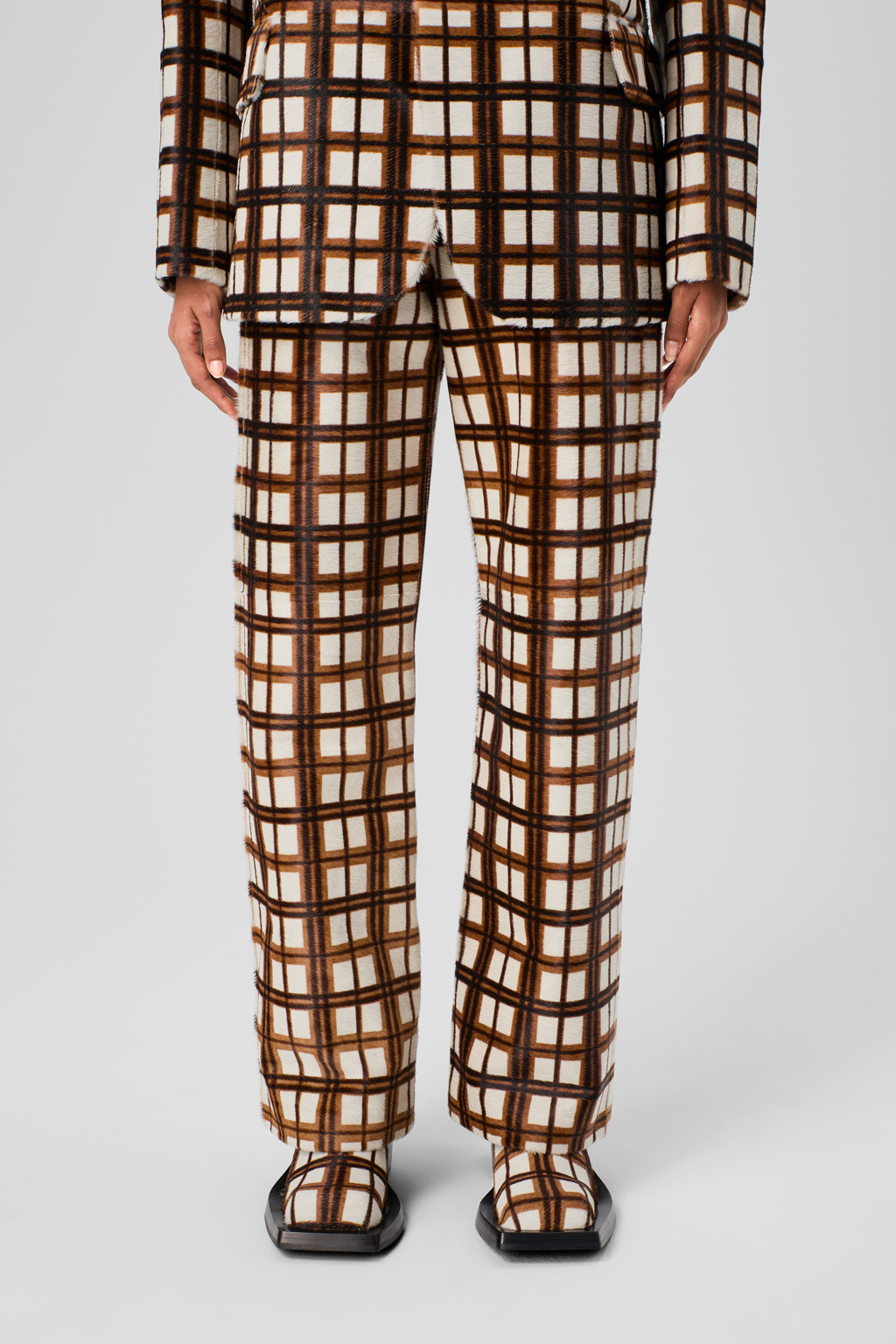 Cream-brown tartan hair-on-leather trousers - 5