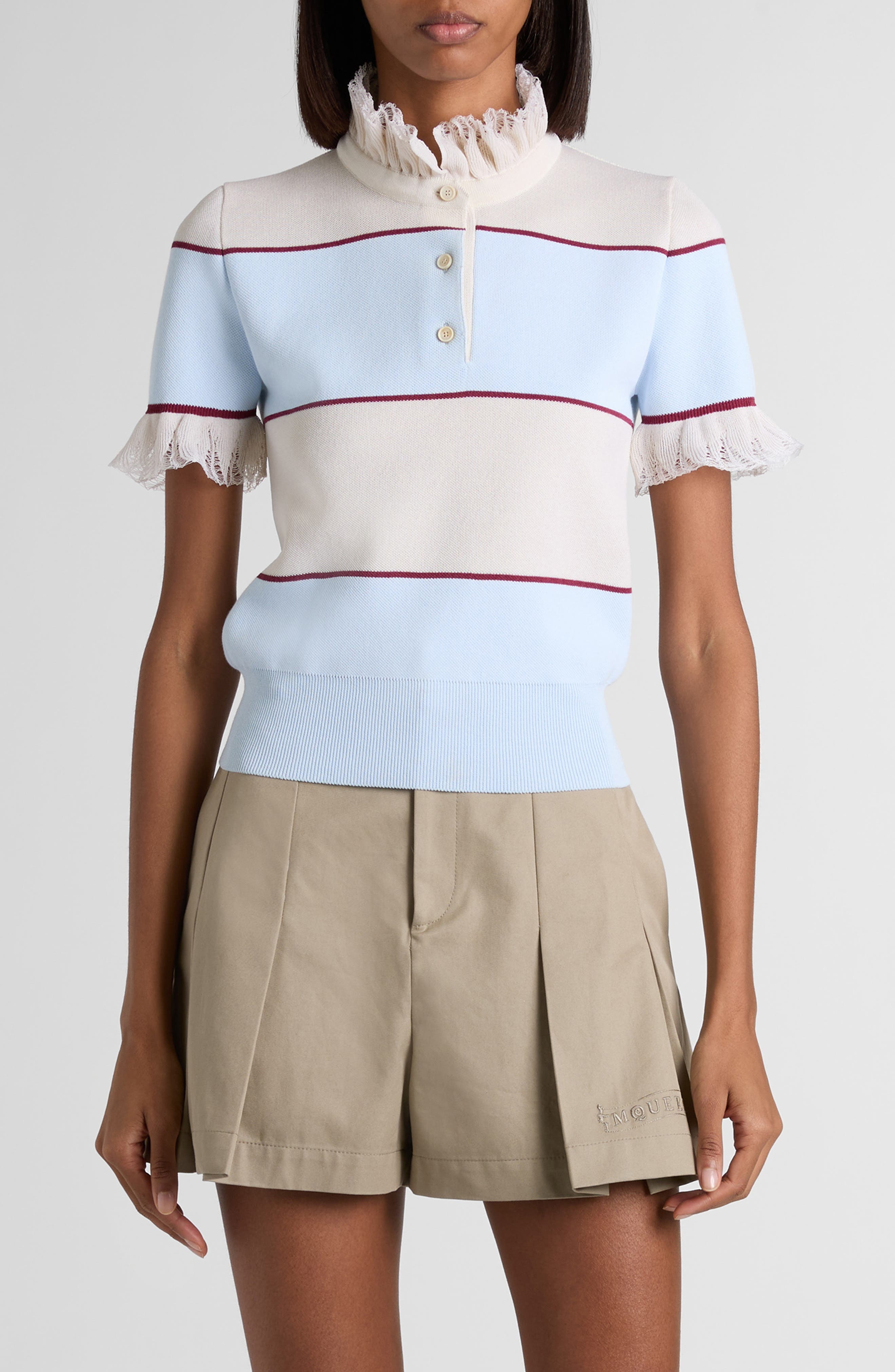 McQueen Lace Ruffle Stripe Polo in Shir Blue/Ivory/Bord at Nordstrom - 1