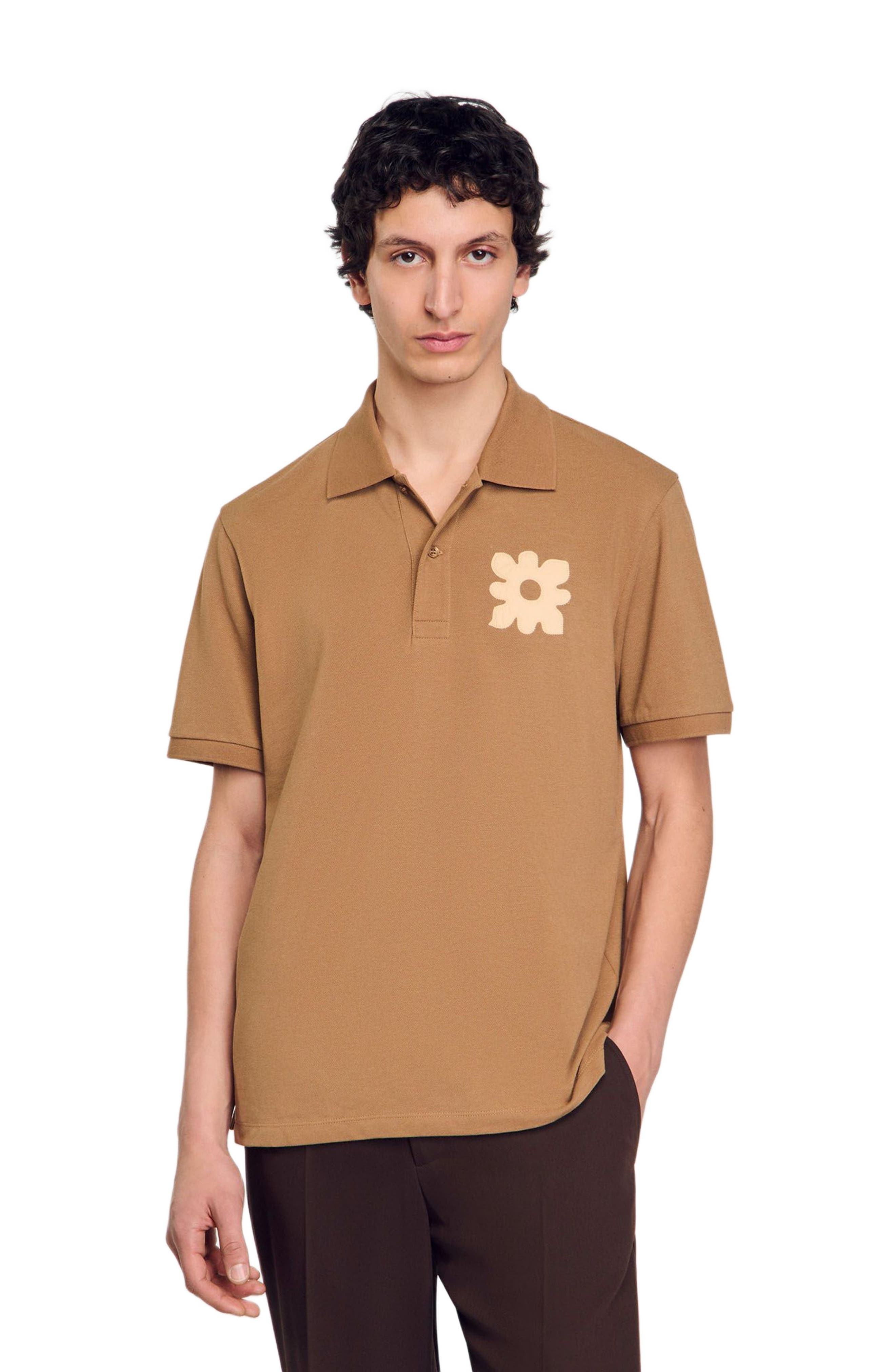 SANDRO Polo shirt with flower patch in Nut at Nordstrom - 3
