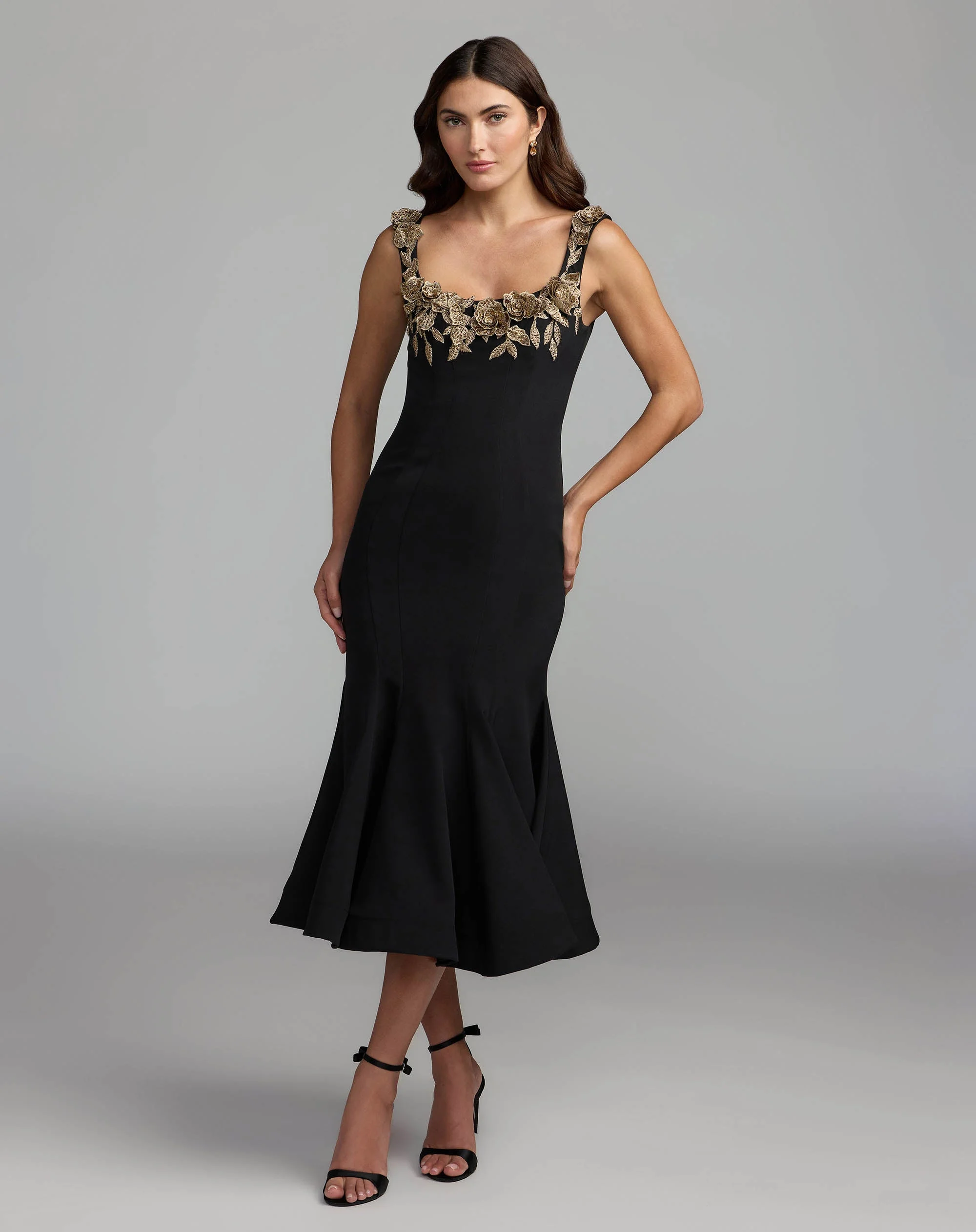 Black 3D Floral Trumpet Midi Dress - 1