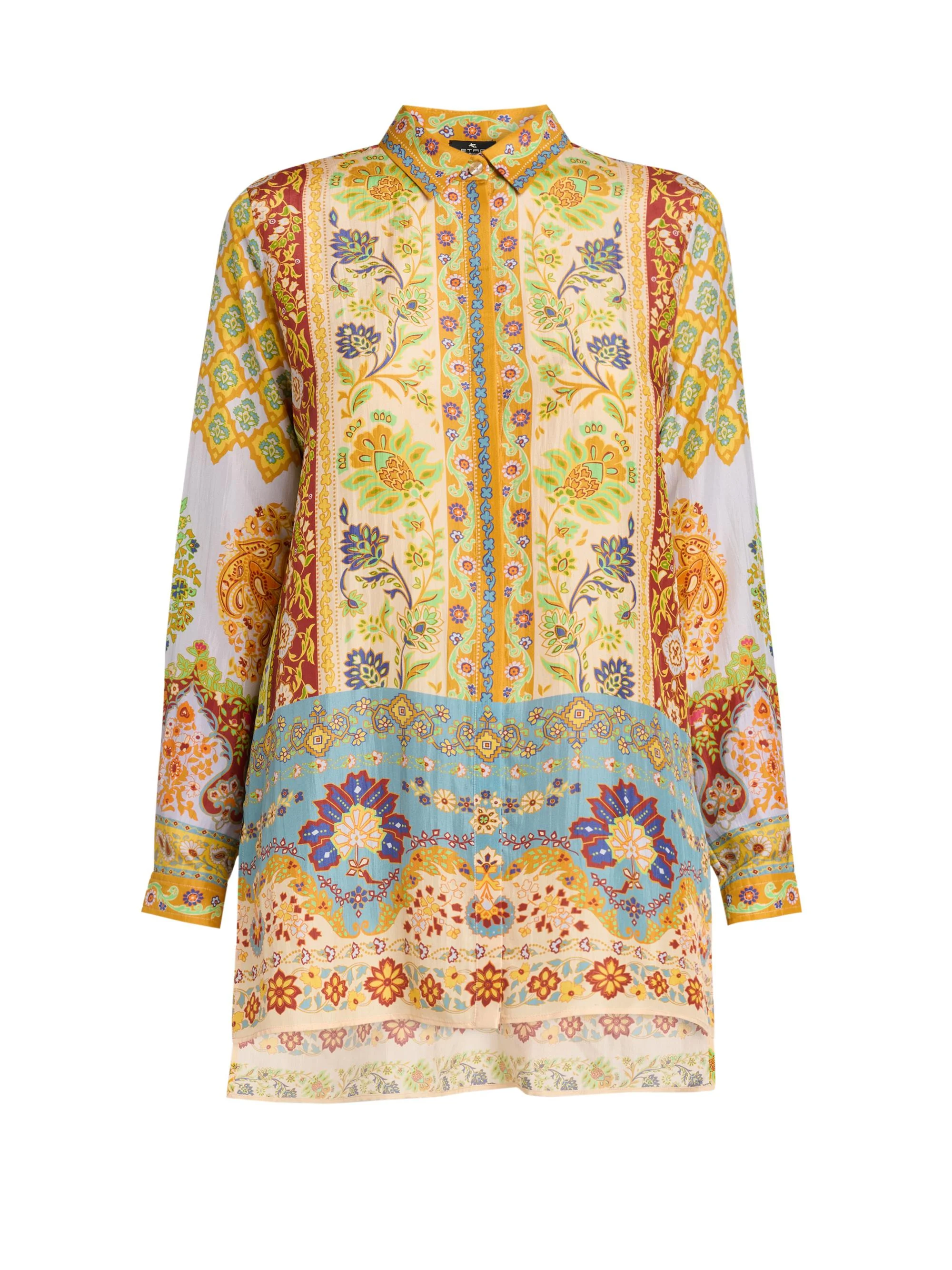 Women's Floral Silk Tunic Shirt - Printed Azure Base - 1