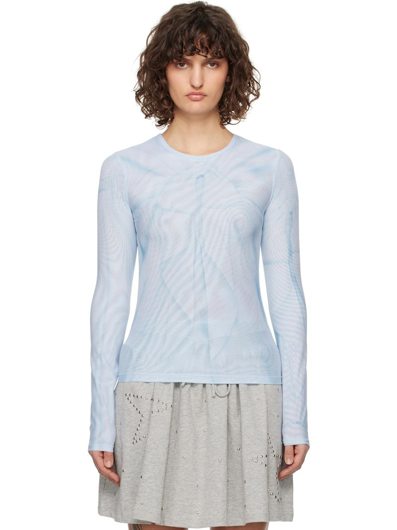 Blue Ribbon Print Mesh Long Sleeve T-shirt 1