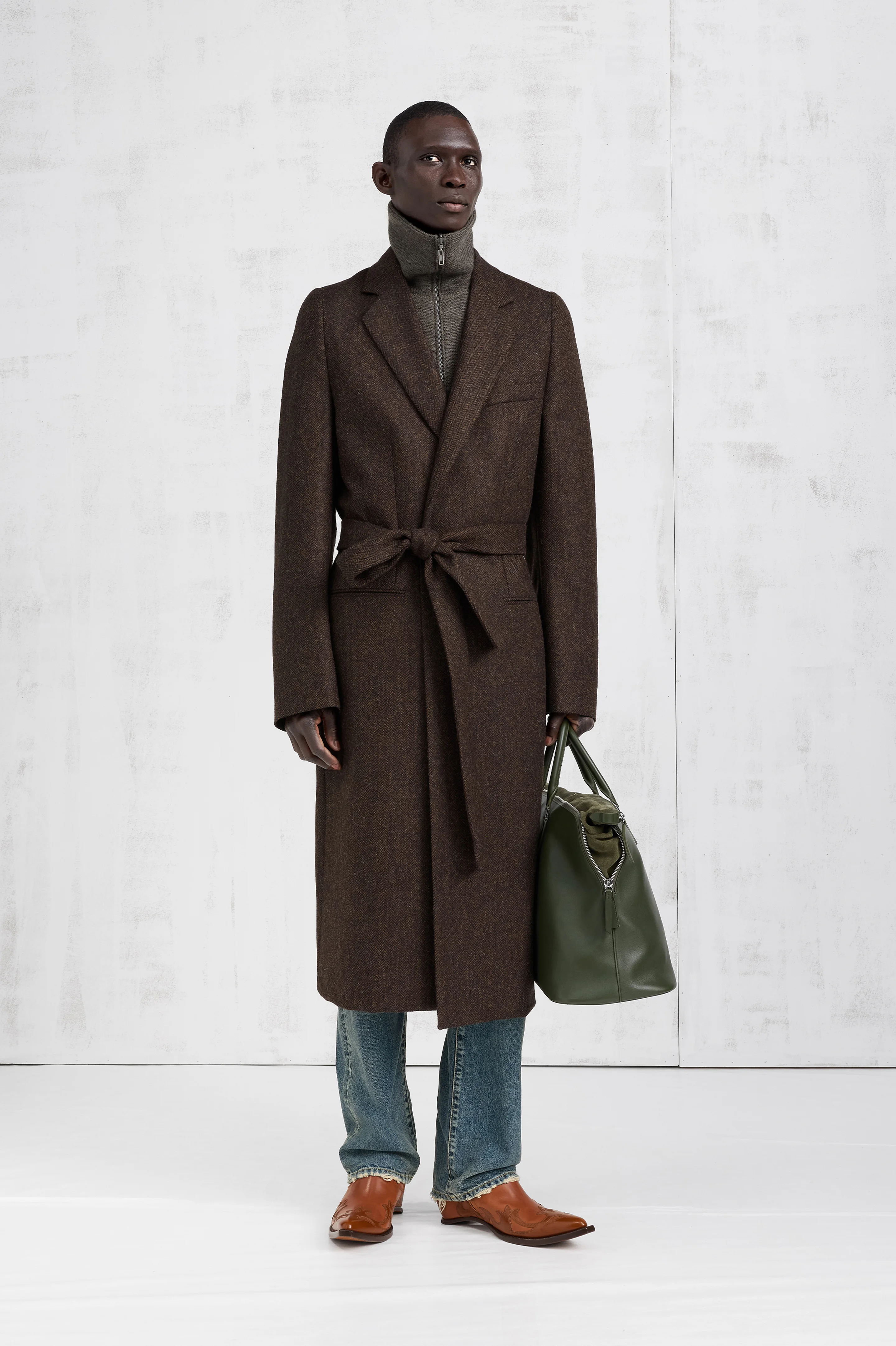 Belted Herringbone Wool Coat - 1
