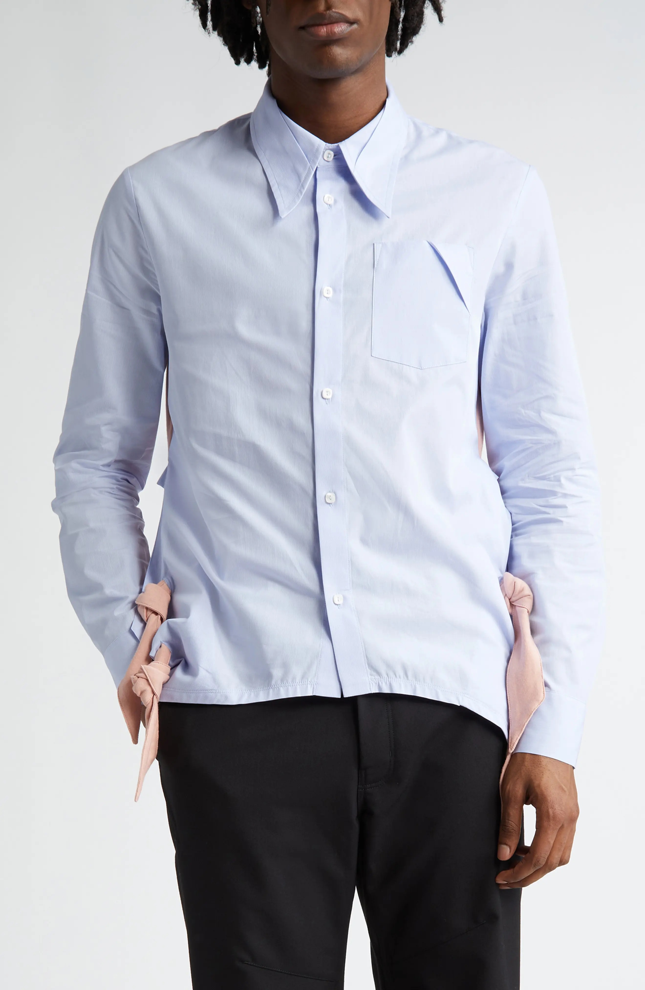 Rino Twisted Jersey Button-Up Shirt in L Blue Stripe /Rose Tan - 1