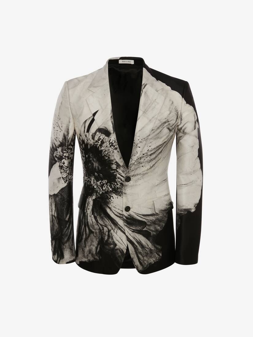 Flower Print Wool Silk Jacket in Black/white - 1