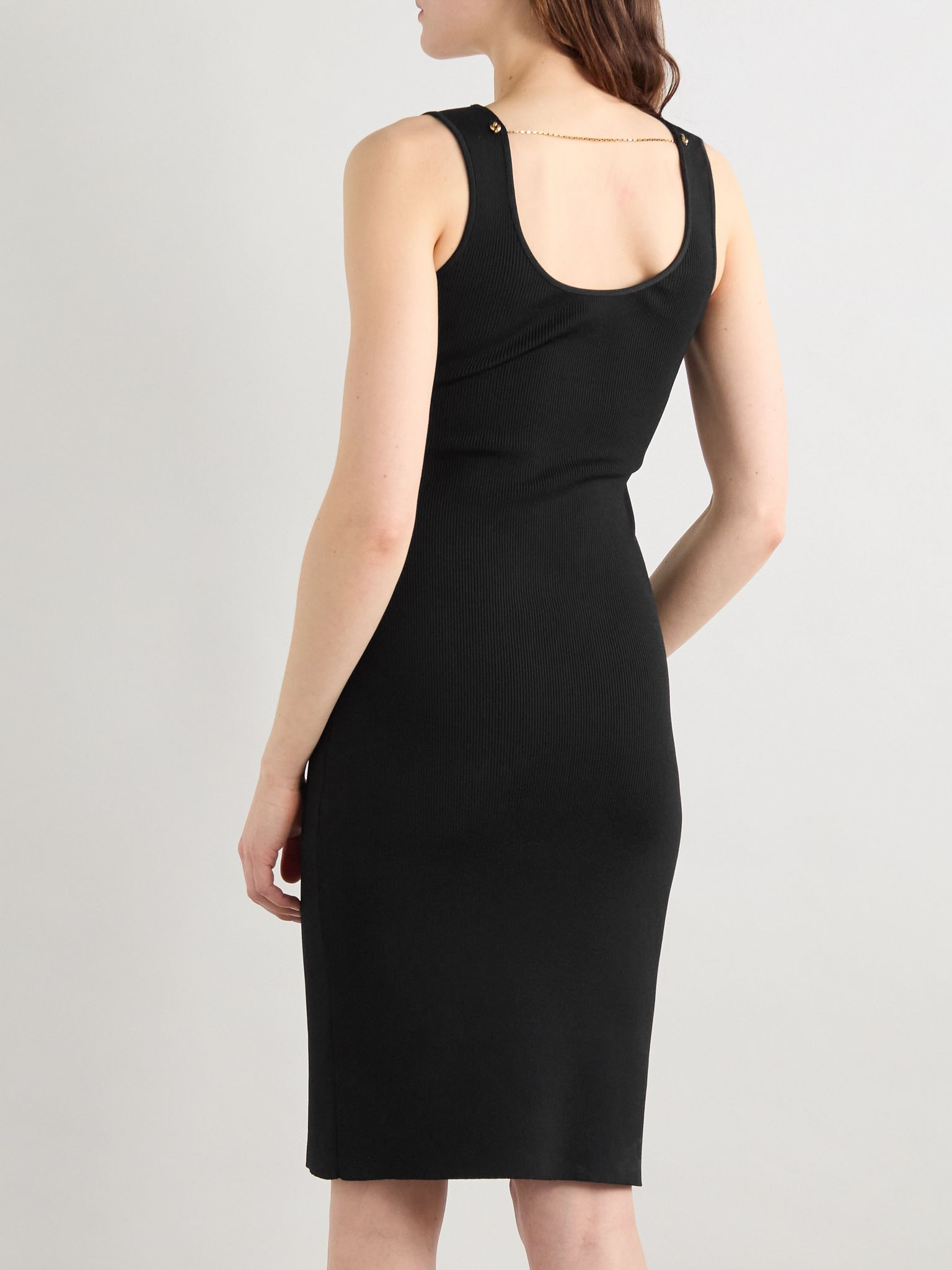 Chain-embellished ribbed-knit dress Black - 3