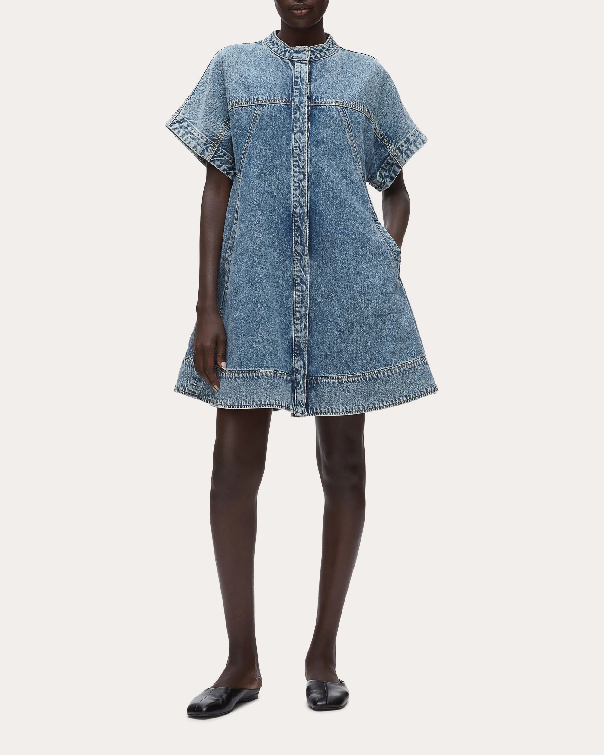 Denim Short-Sleeve Trapeze Dress - 1