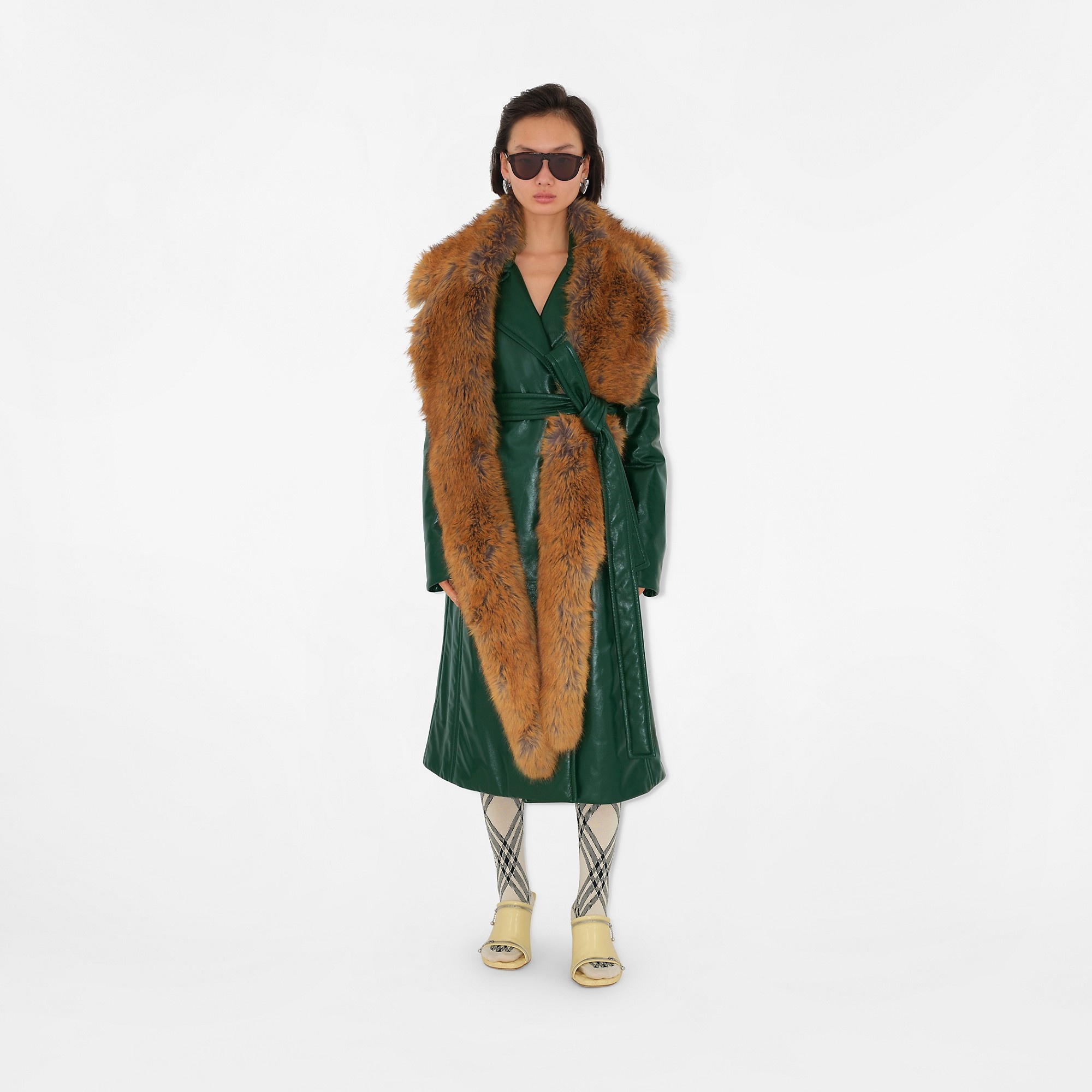 Faux Fur Collar Leather Coat - 3