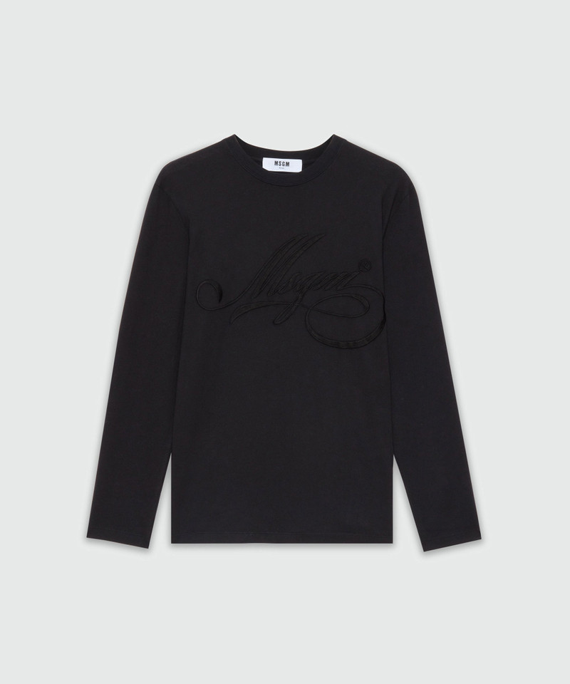 Long-sleeved black jersey T-shirt with cursive MSGM logo embroidery 1