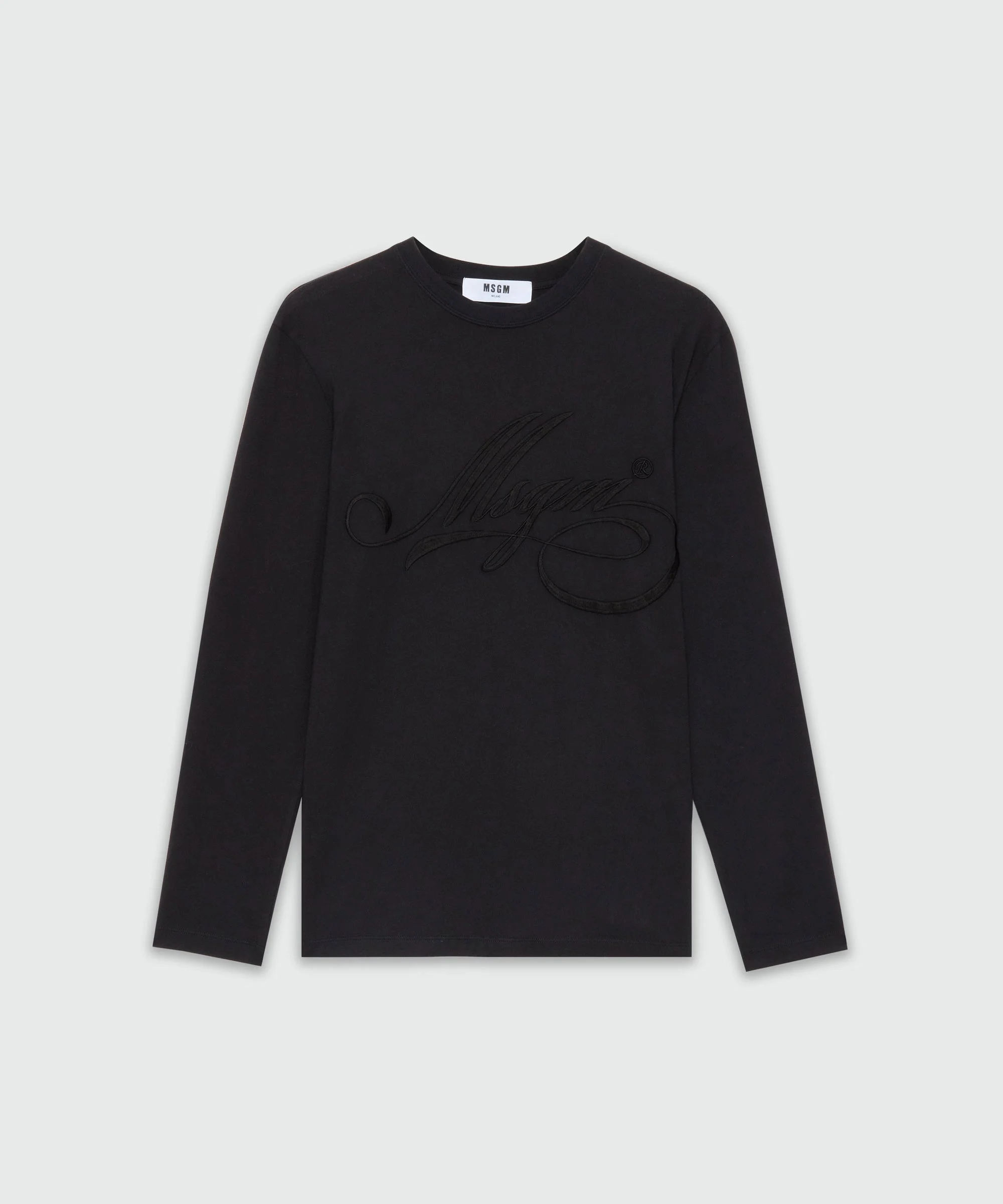 Long-sleeved black jersey T-shirt with cursive MSGM logo embroidery - 1