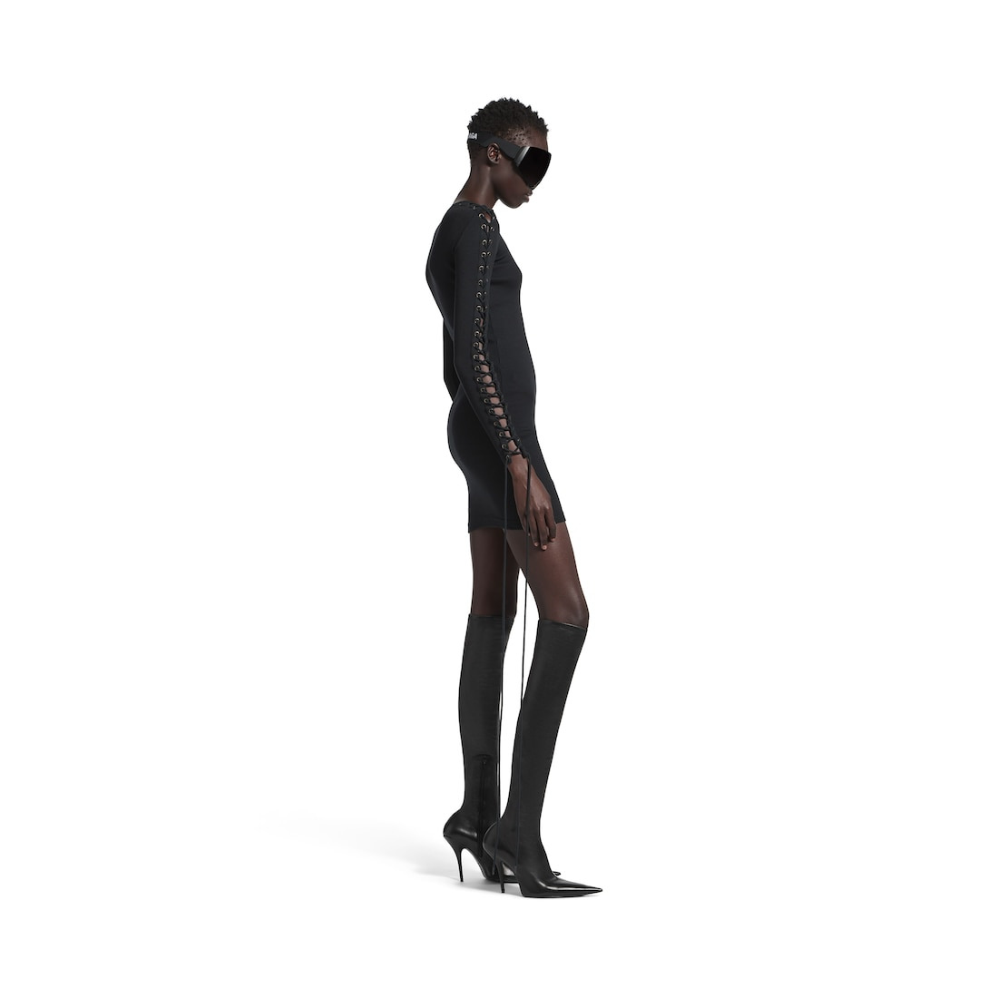 Women's Lace-up Long Sleeve Dress in Black - 3