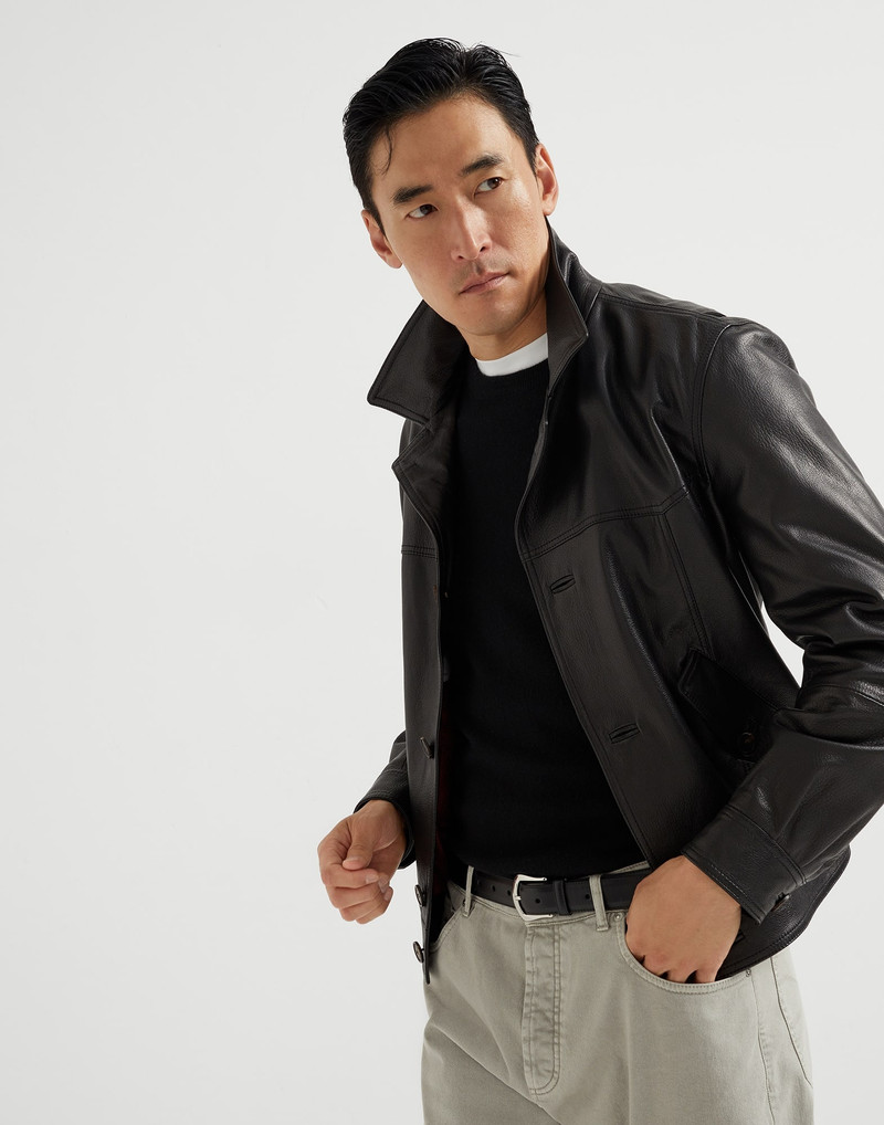 Grained 가죽 Outerwear 재킷과 캠프 칼라 4