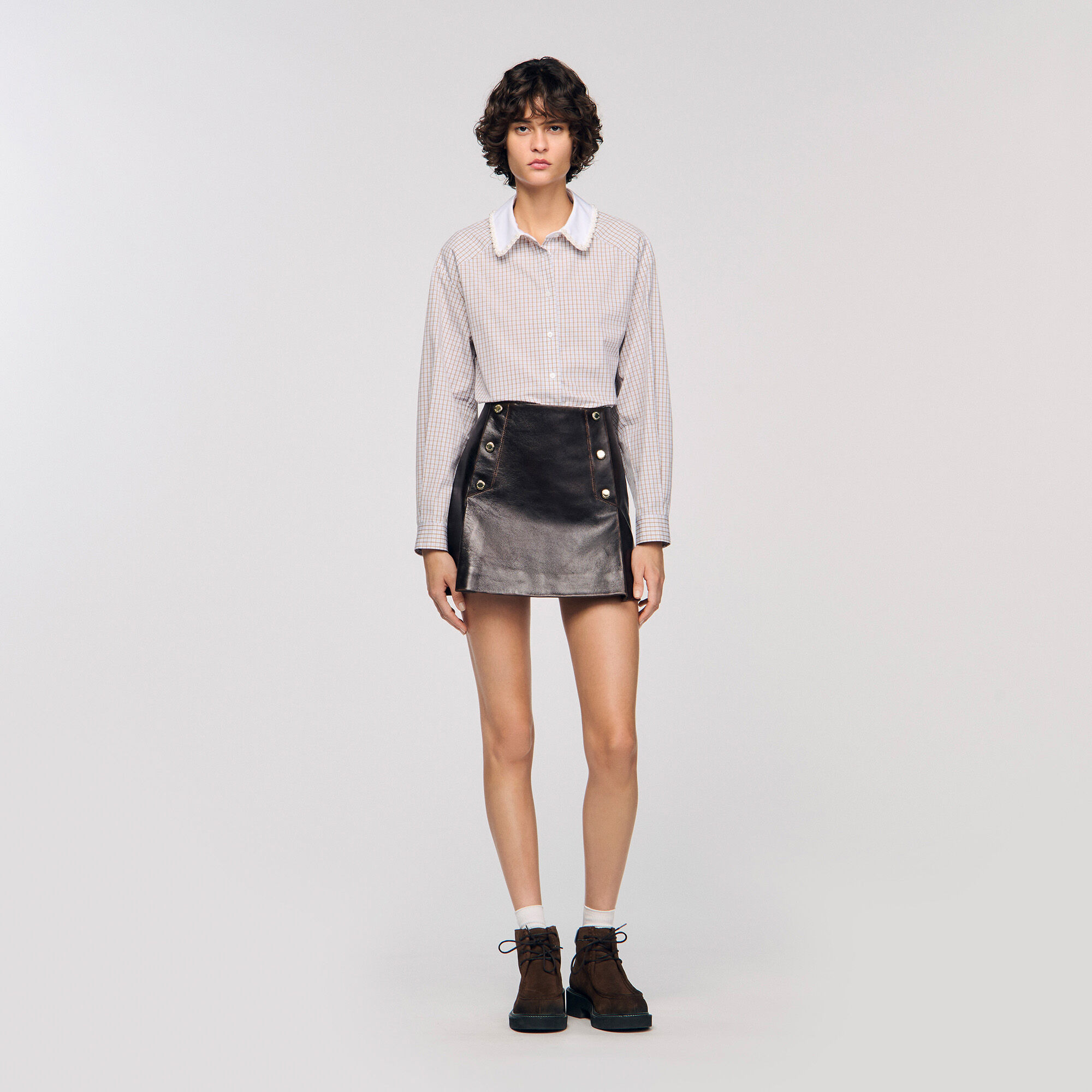 PLAID AND PEARL COLLAR SHIRT - 1