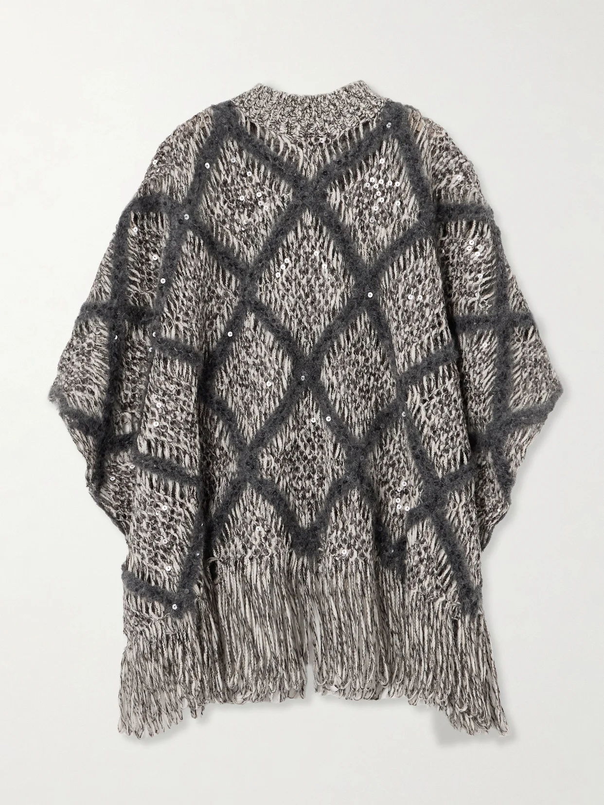 Fringed Sequin-embellished Argyle Open-knit Wool-blend Turtleneck Sweater - 1