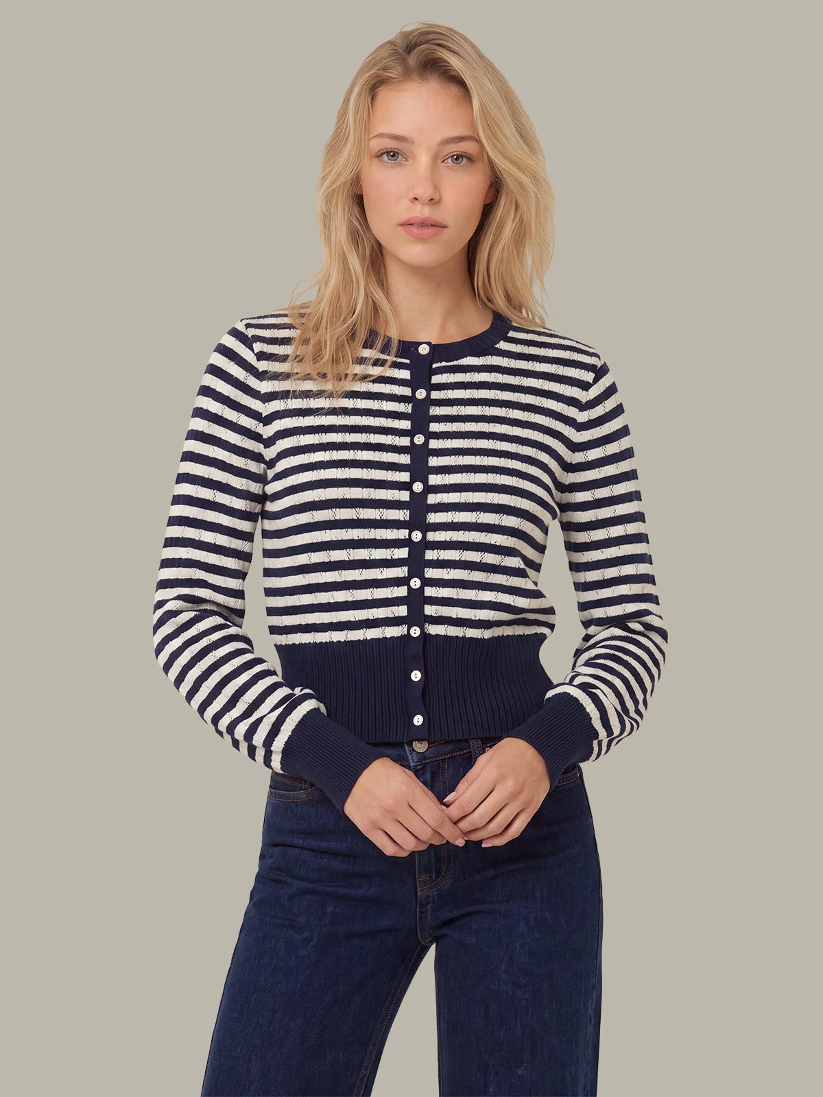 Beckett Striped Pointelle Blouson Sleeve High Rib Cardigan - 1