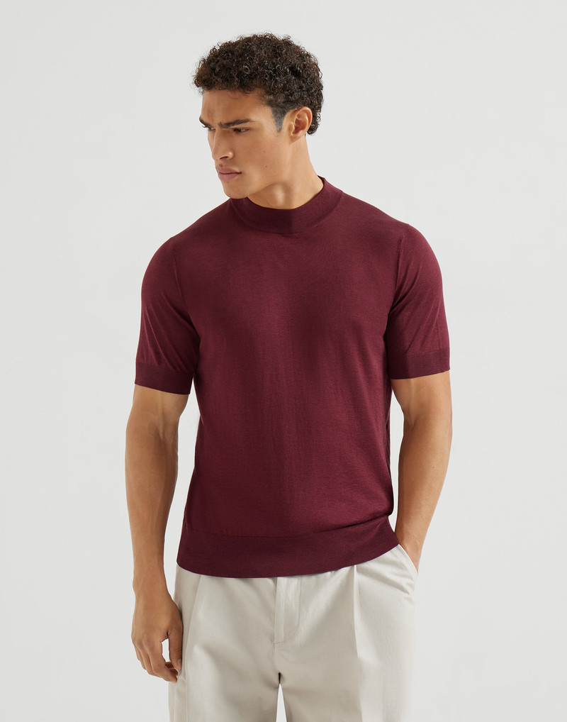 Lightweight silk and cotton knit T-shirt with mock neck 2