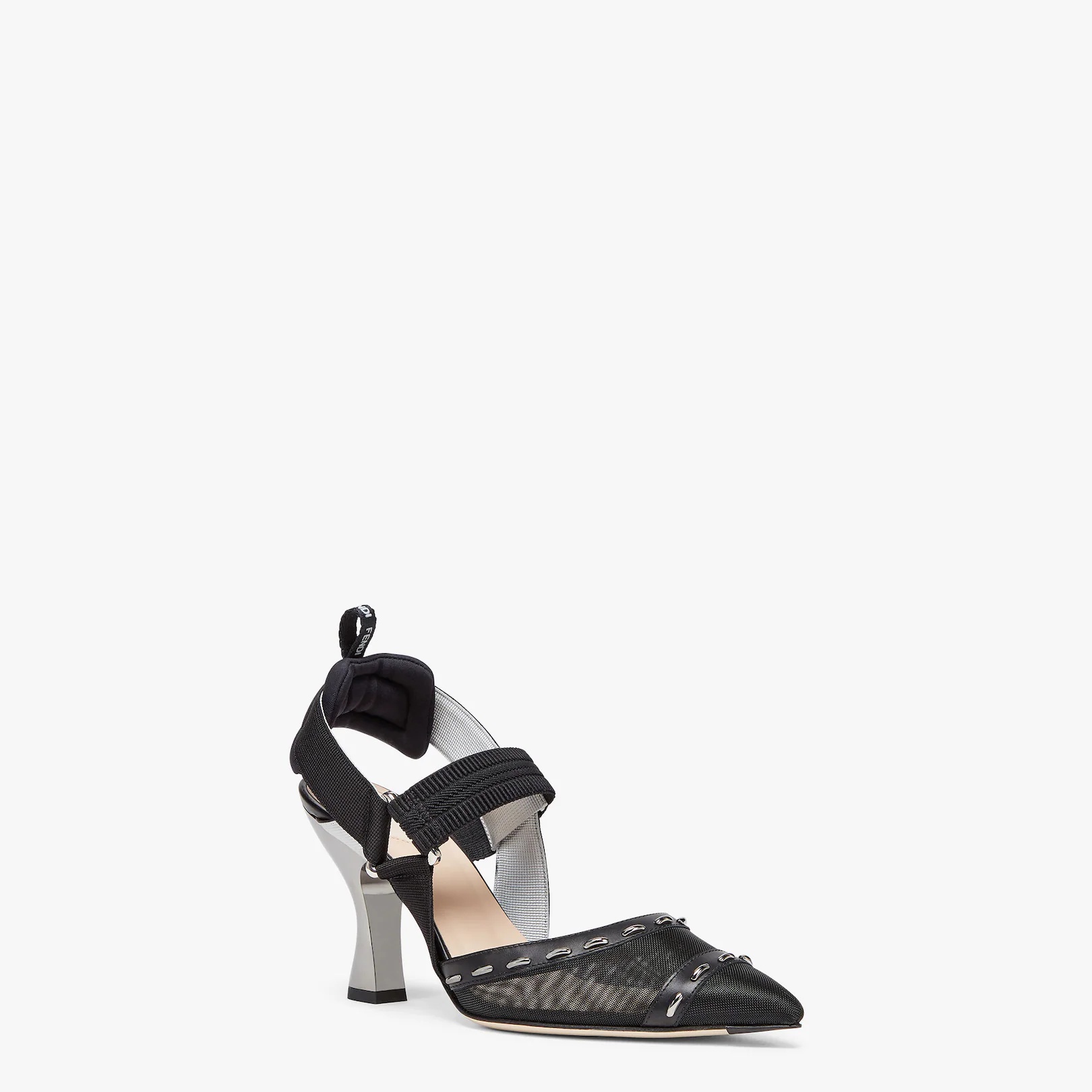 Black mesh, high-heel slingbacks with metal stitches - 2