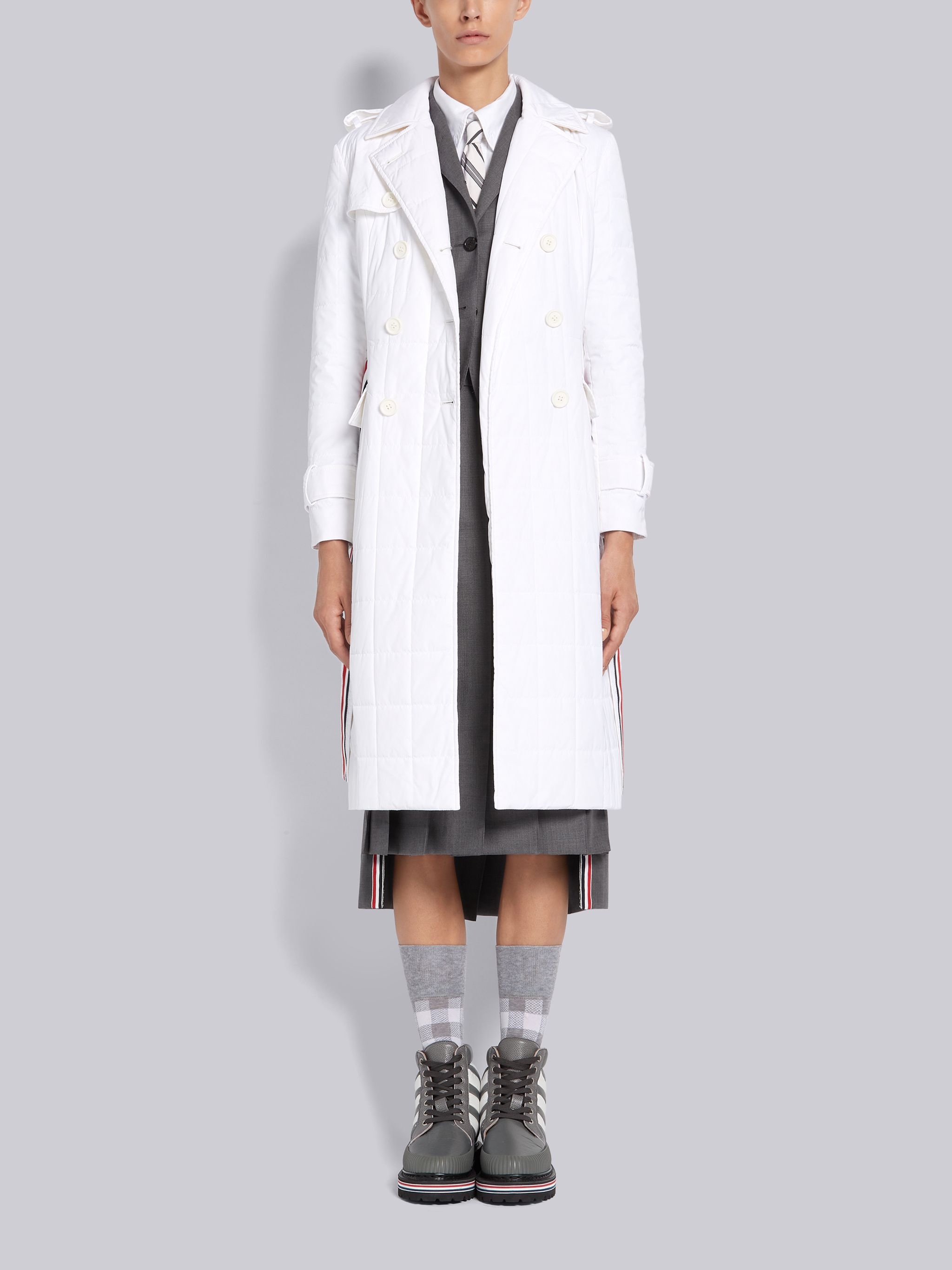 White Down Filled Poly Twill Center Back Stripe Classic Trench Coat - 3