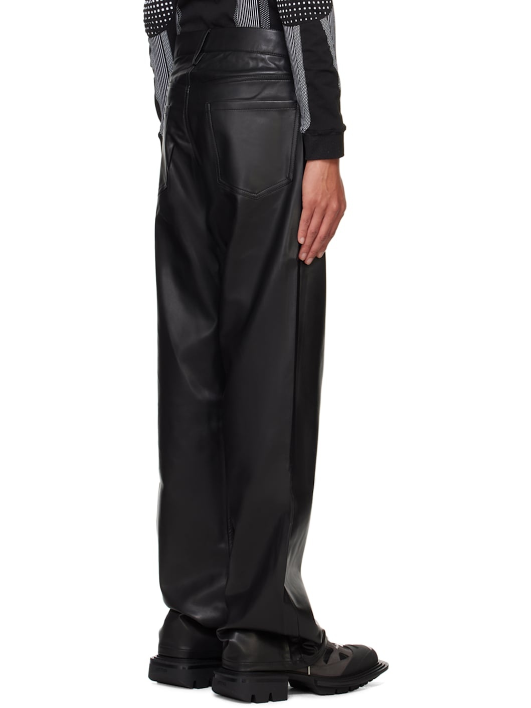 Black Button-Fly Faux-Leather Trousers - 3