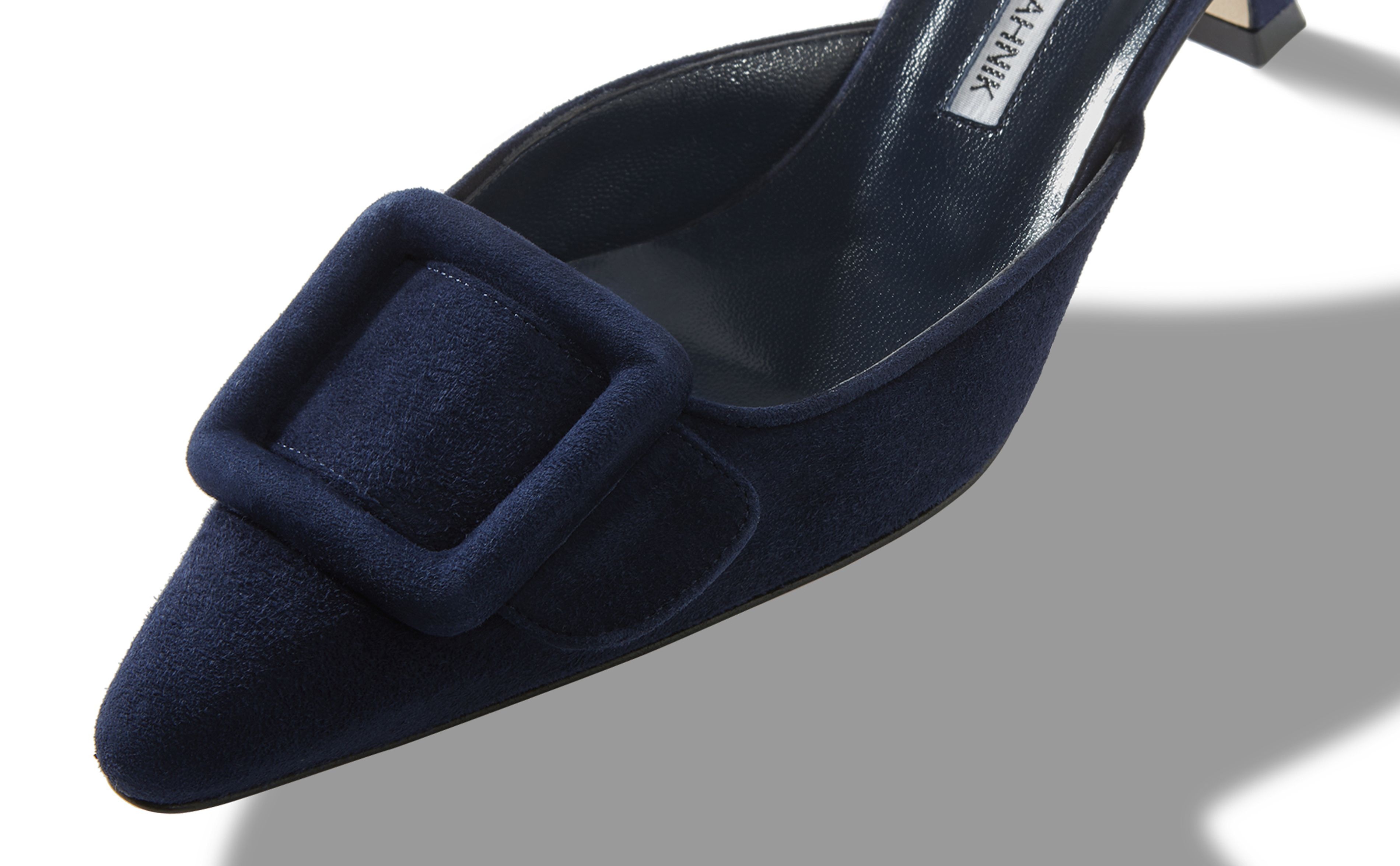 Navy Blue Suede Kitten Heel Mules - 4