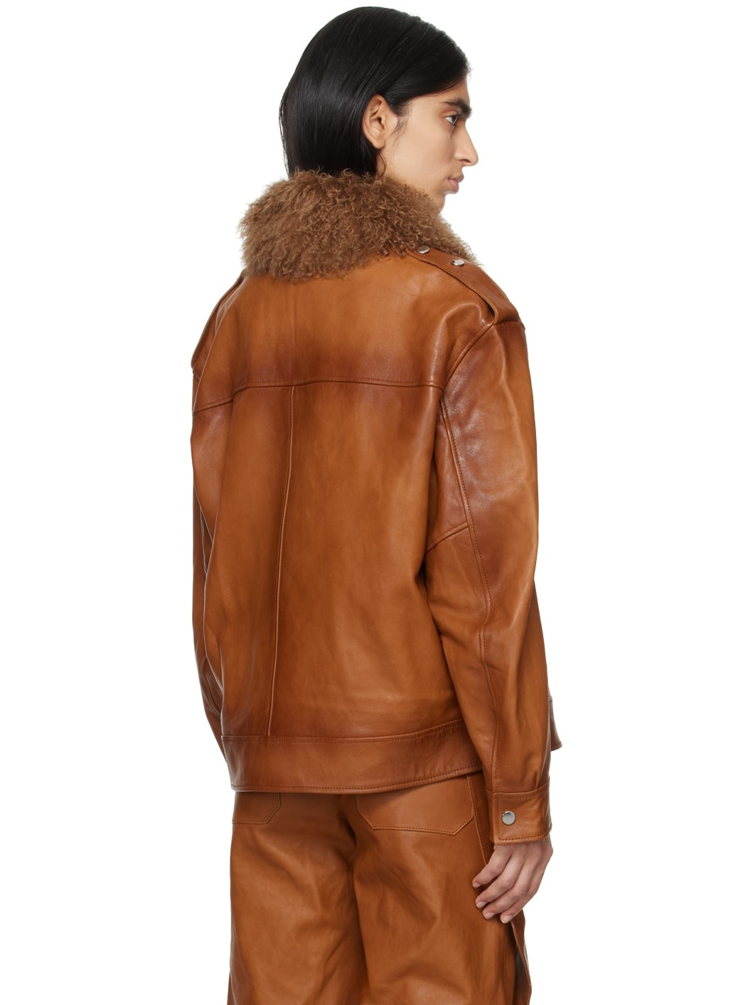 Brown Detachable Collar Leather Jacket - 3