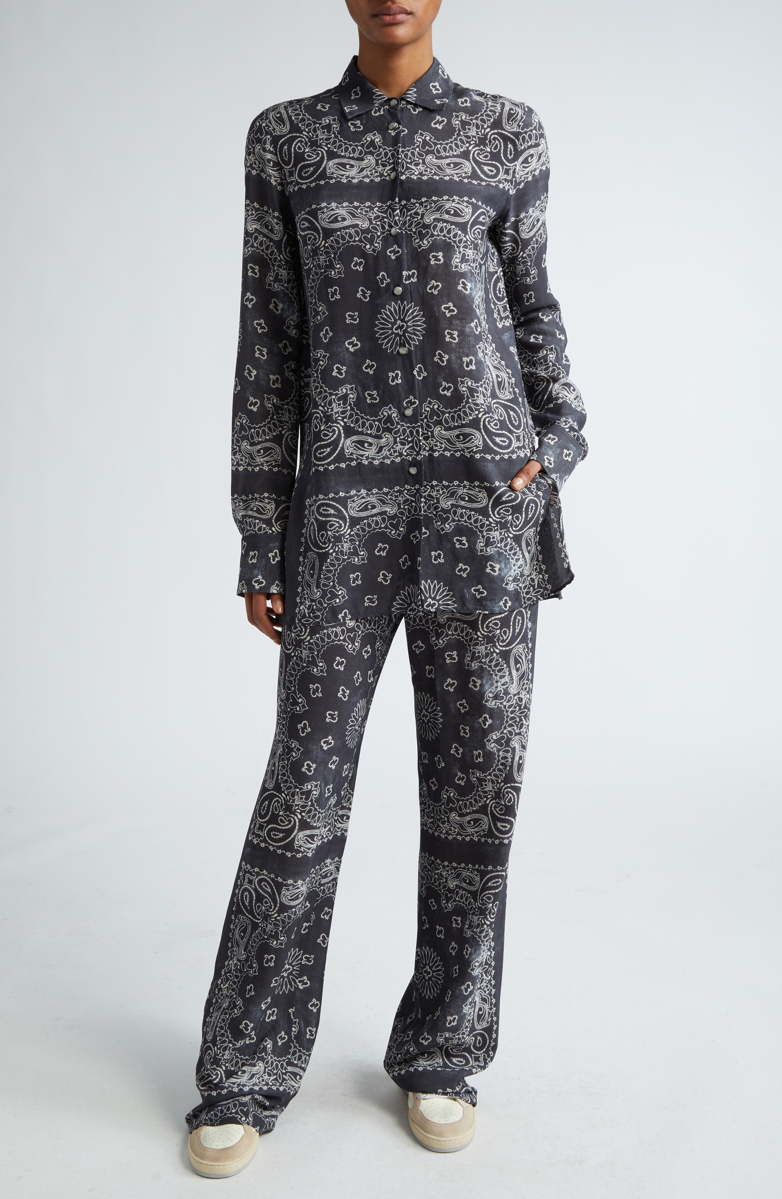 Paisley Print Oversize Button-Up Pajama Shirt - 2