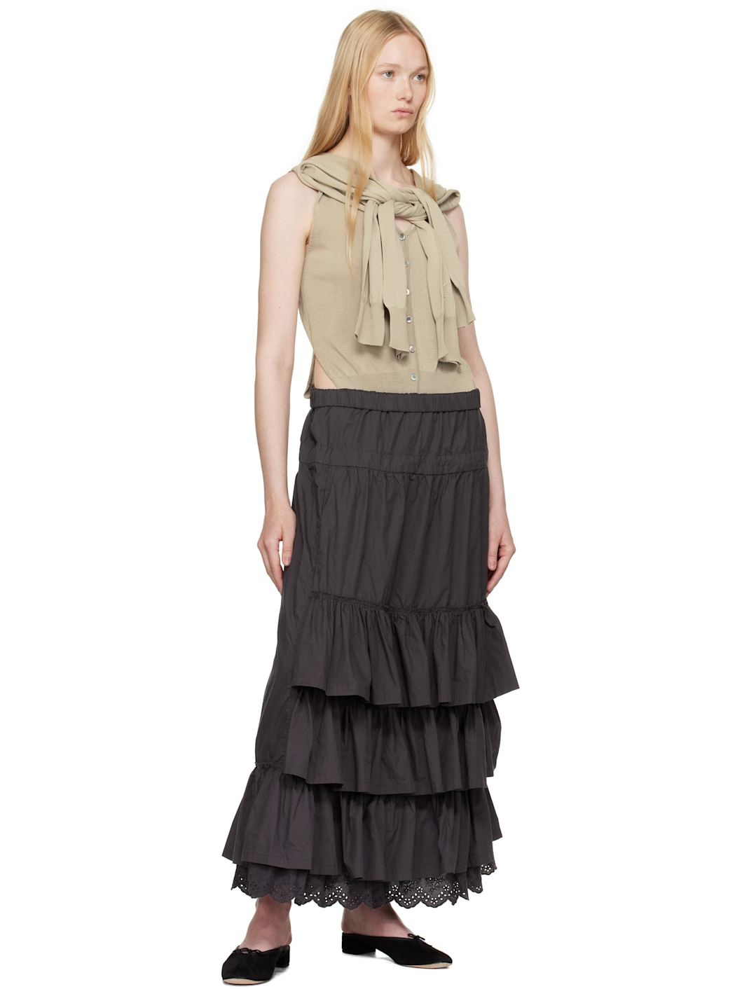 Gray Rolled Waist Tiered Midi Skirt - 4