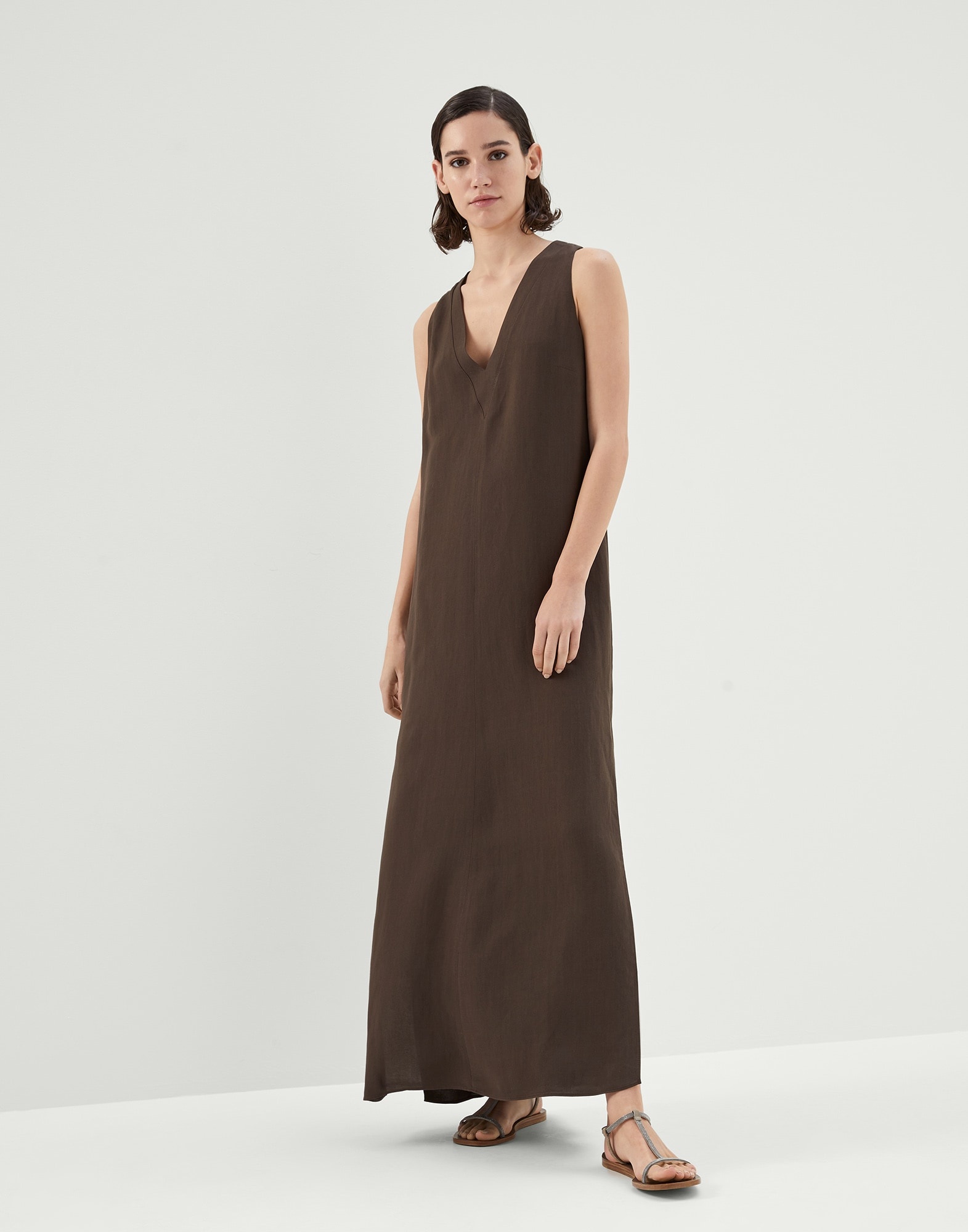 Viscose and linen fluid twill dress with monili - 1