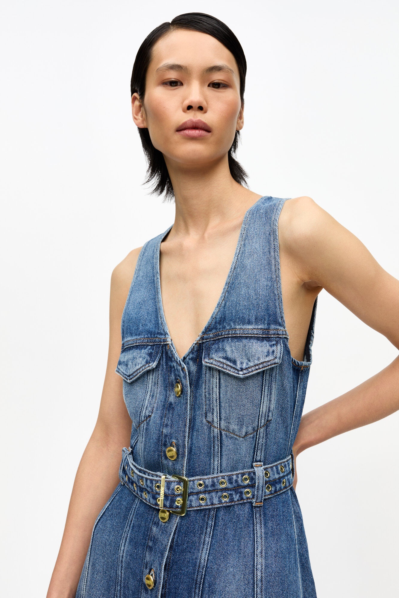 BLUE LIGHT DENIM BELT MIDI DRESS - 5