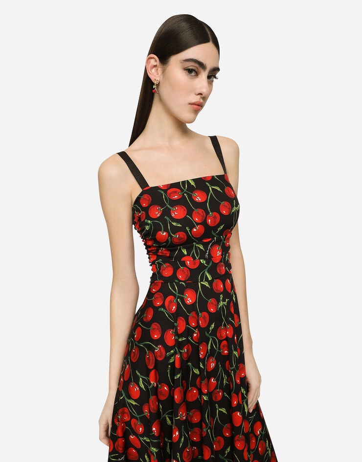 Cherry-print charmeuse calf-length dress - 4