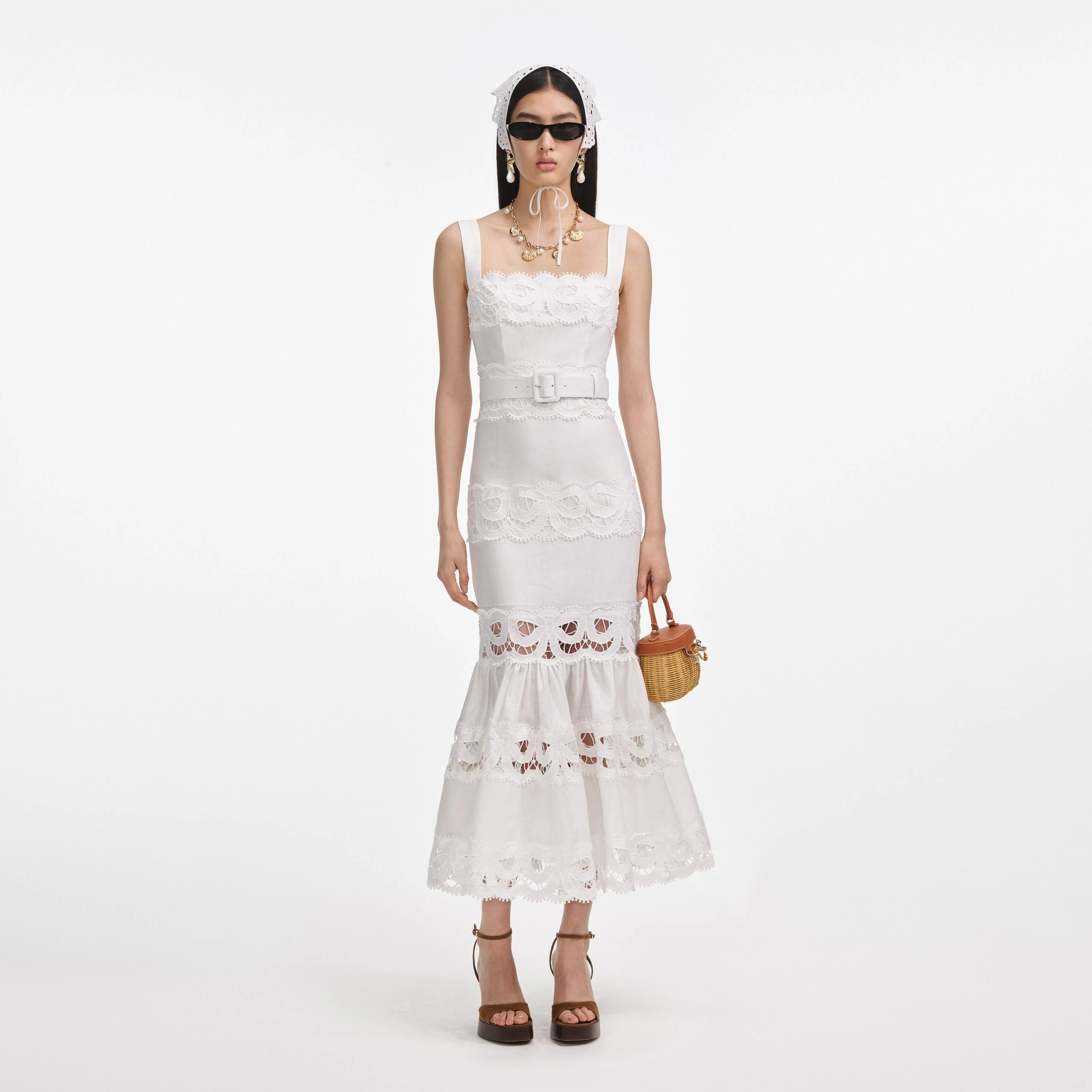 White Linen Lace Insert Midi Dress - 1