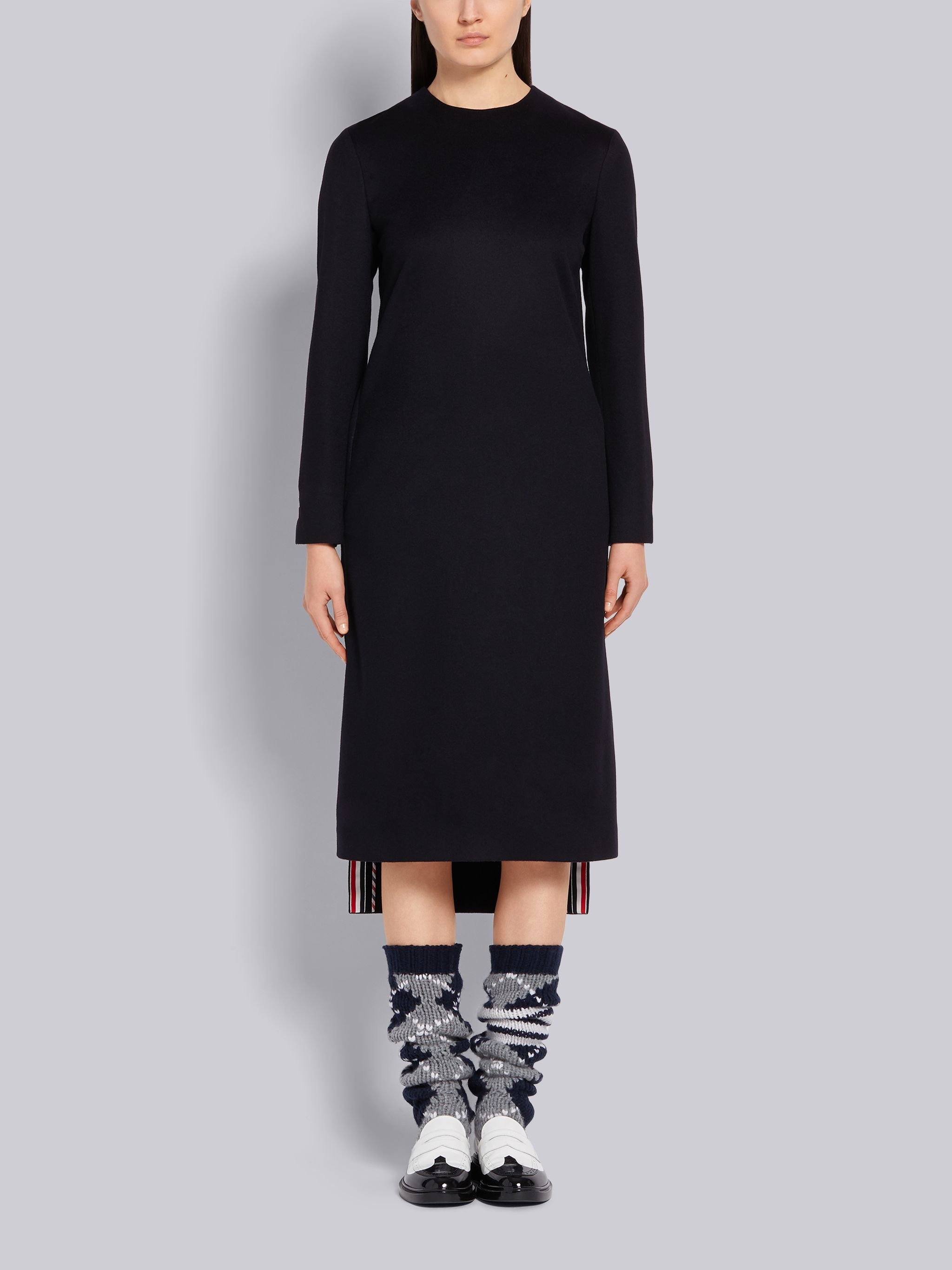 Navy Cashmere Long Sleeve Below the Knee Dress - 1