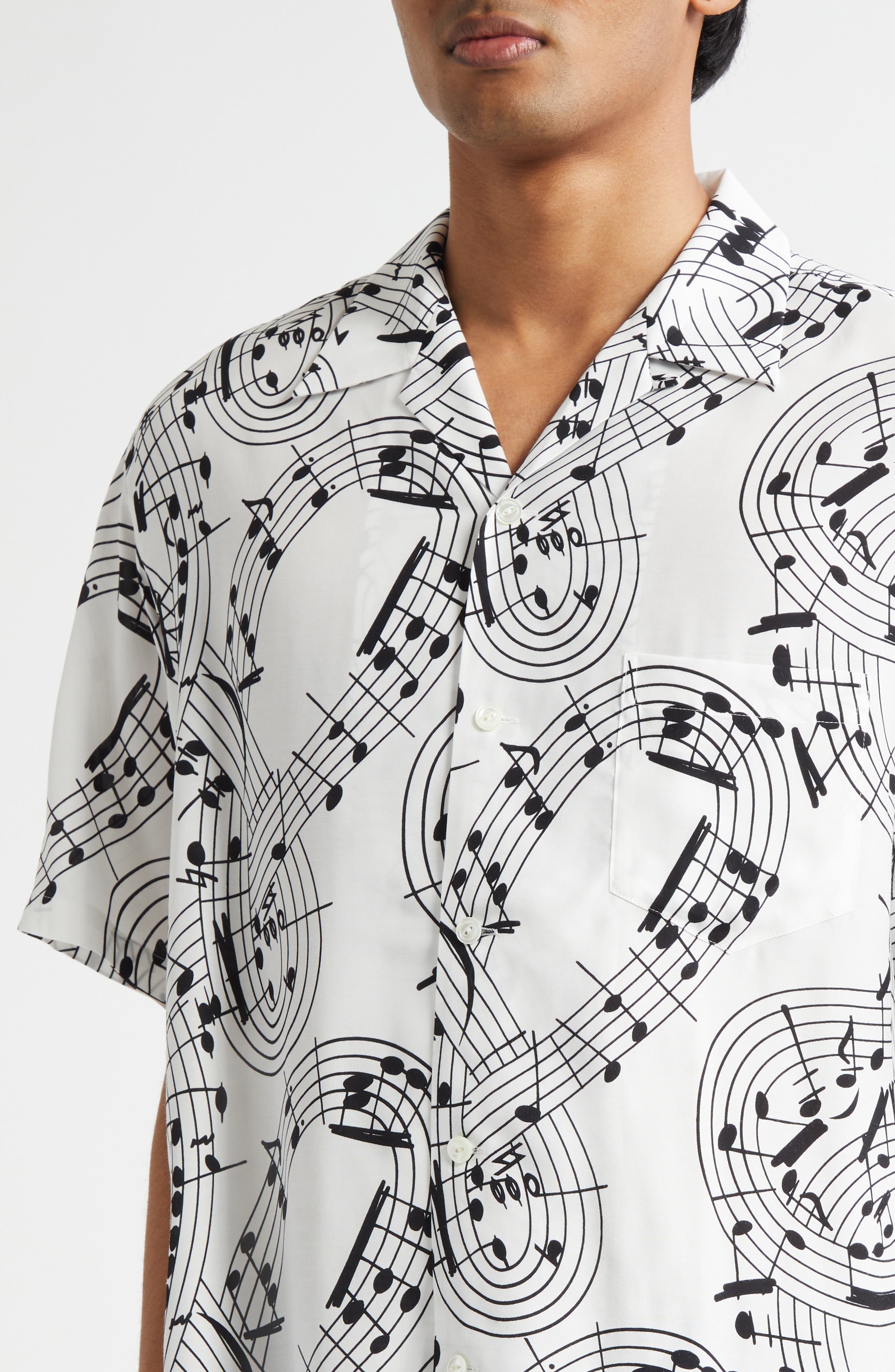 TAKAHIROMIYASHITA TheSoloist. Music Note Print Camp Shirt in White X Black at Nordstrom - 4