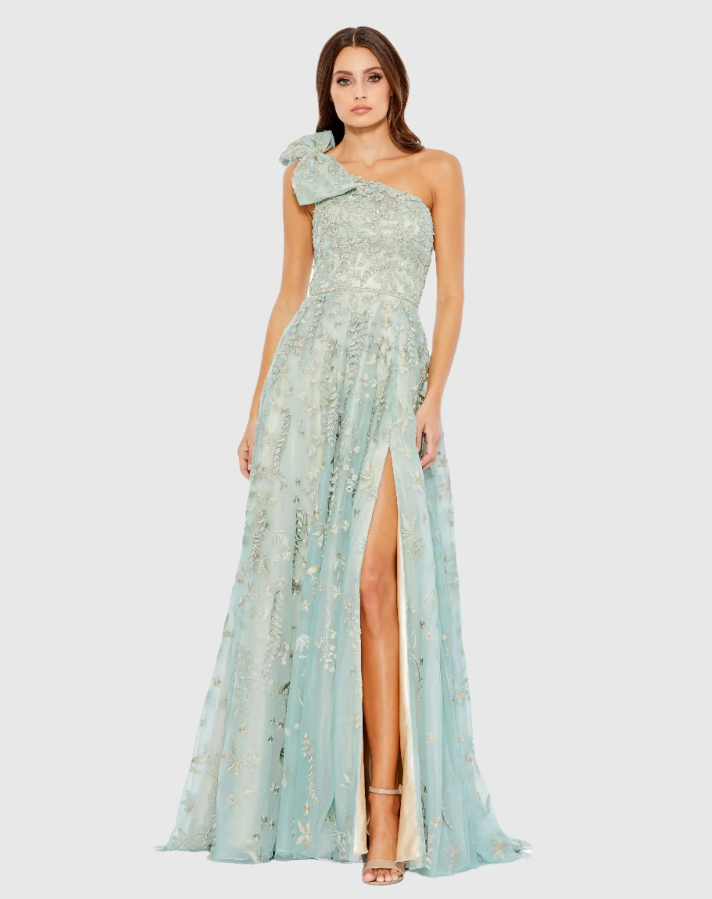 Green Embellished Bow One Shoulder A Line Gown - 1
