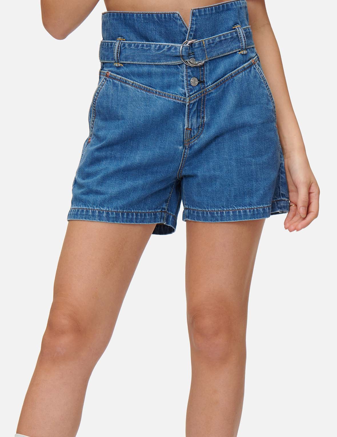 Pattern Seagull Embroidered Paper Bag Denim Shorts - 9