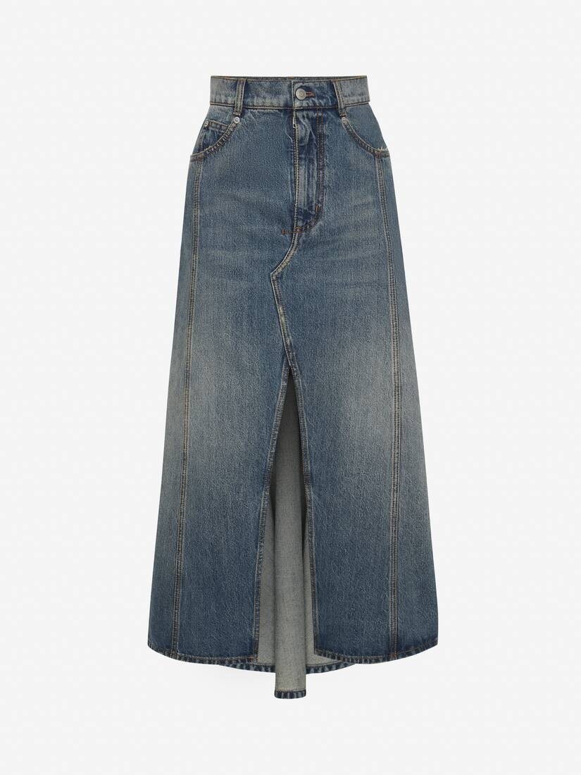 Women's Pleated Denim Midi Skirt in Washed Blue - 1