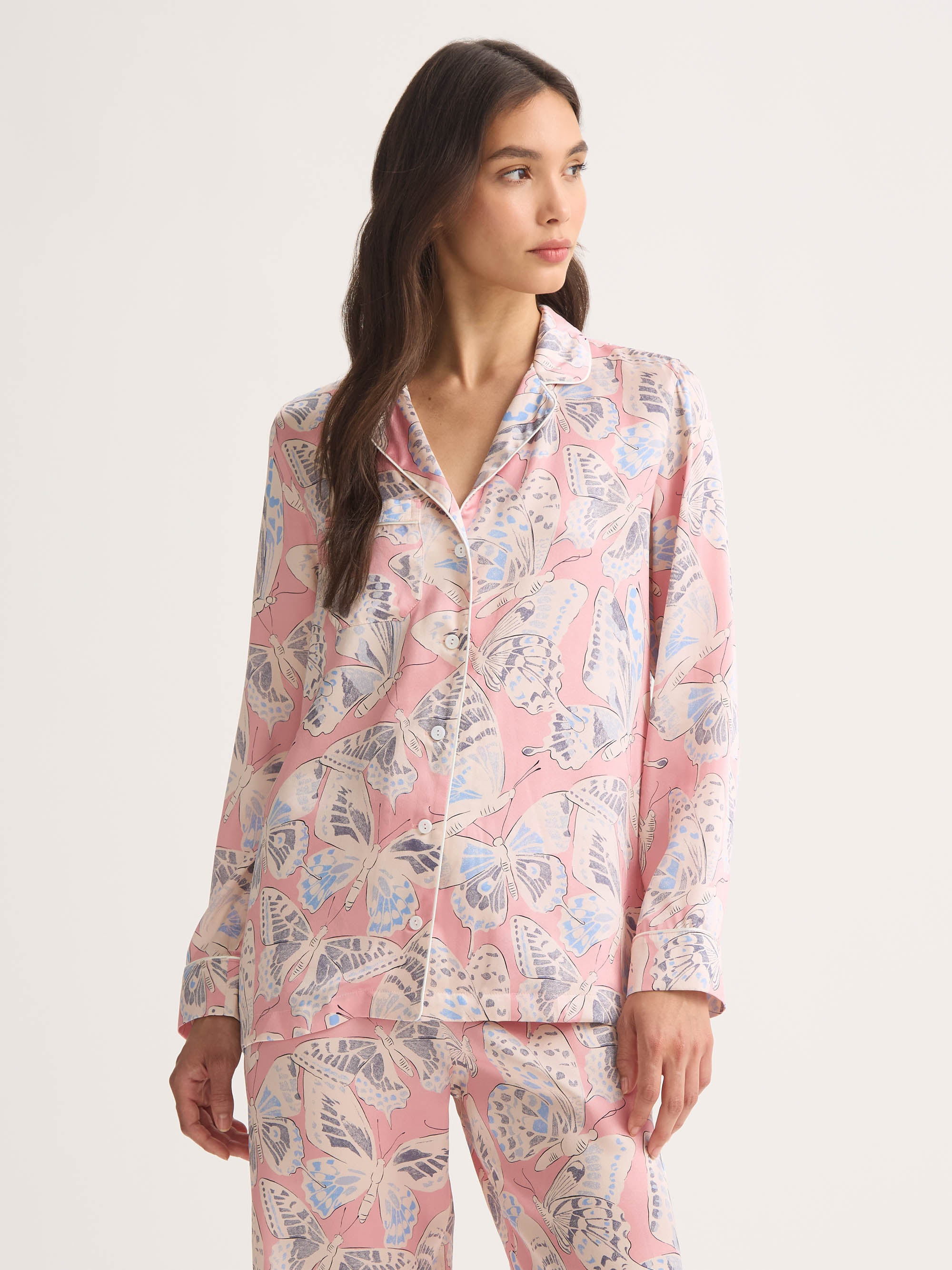 Women's Silk Pajamas Pink Multicolor Butterfly Print - 4