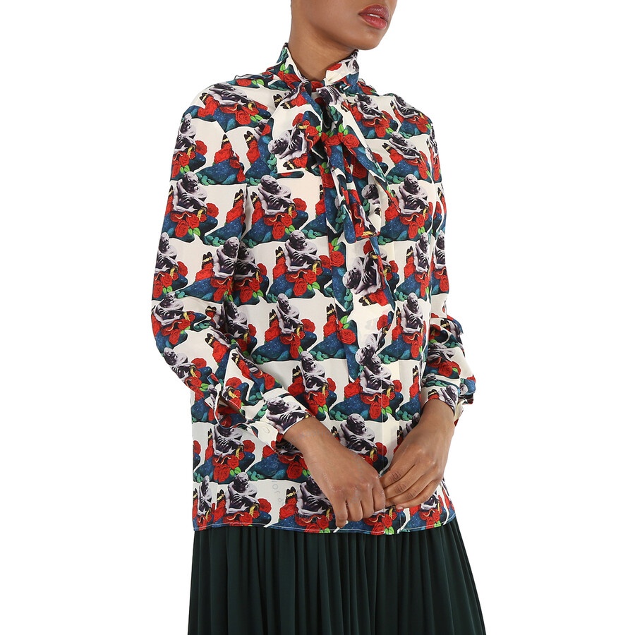Valentino Ladies Multicolor Long-sleeve Tie Neck Blouse - 4