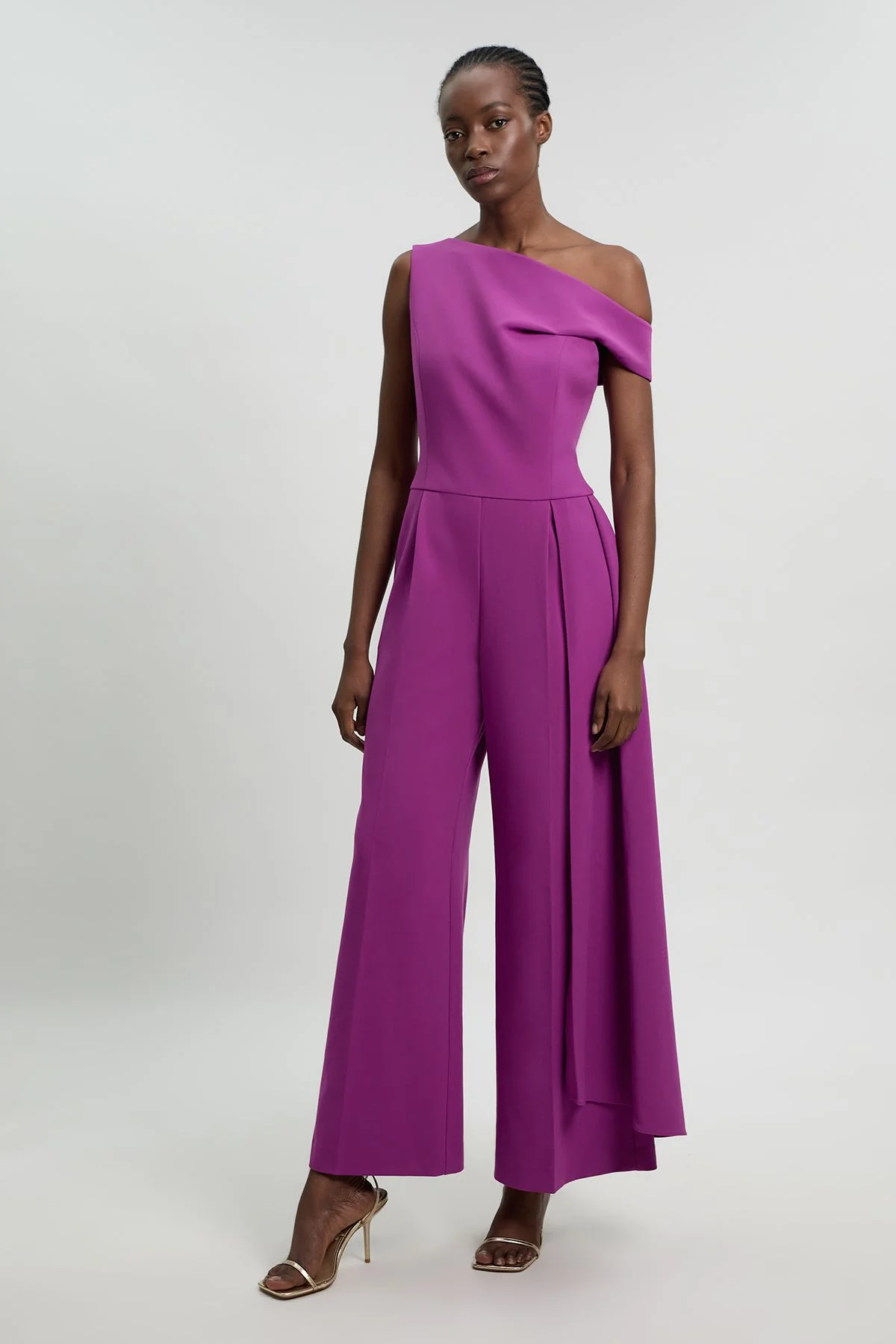 Compact Stretch Asymmetric Neck Wide Leg Jumpsuit - 1