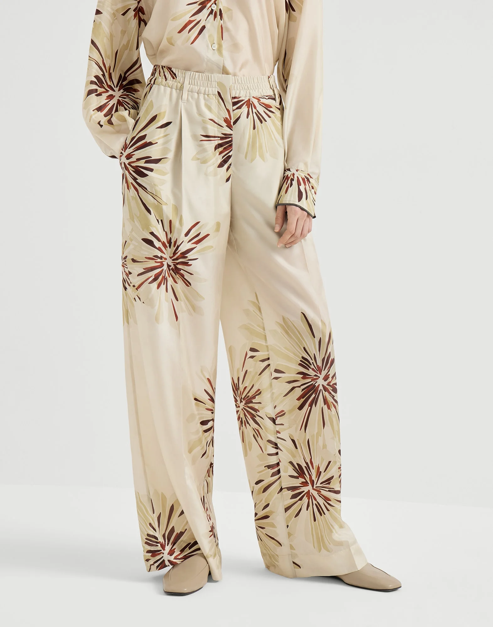Silk bloom print pongee sartorial track trousers with monili - 1