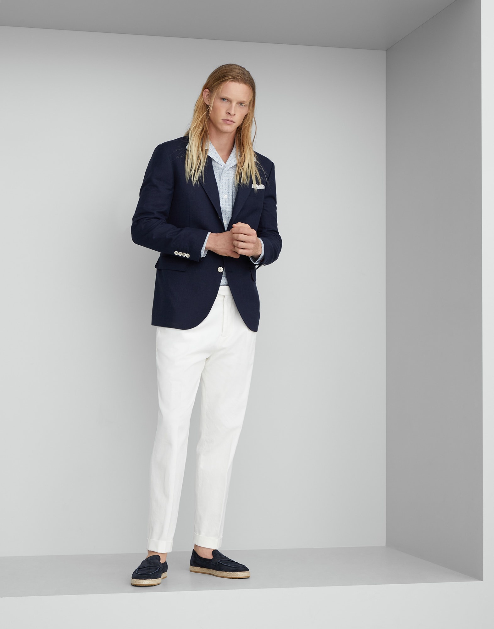 Cotton easy fit shirt with geometric pattern, camp collar and chest pocket - 5
