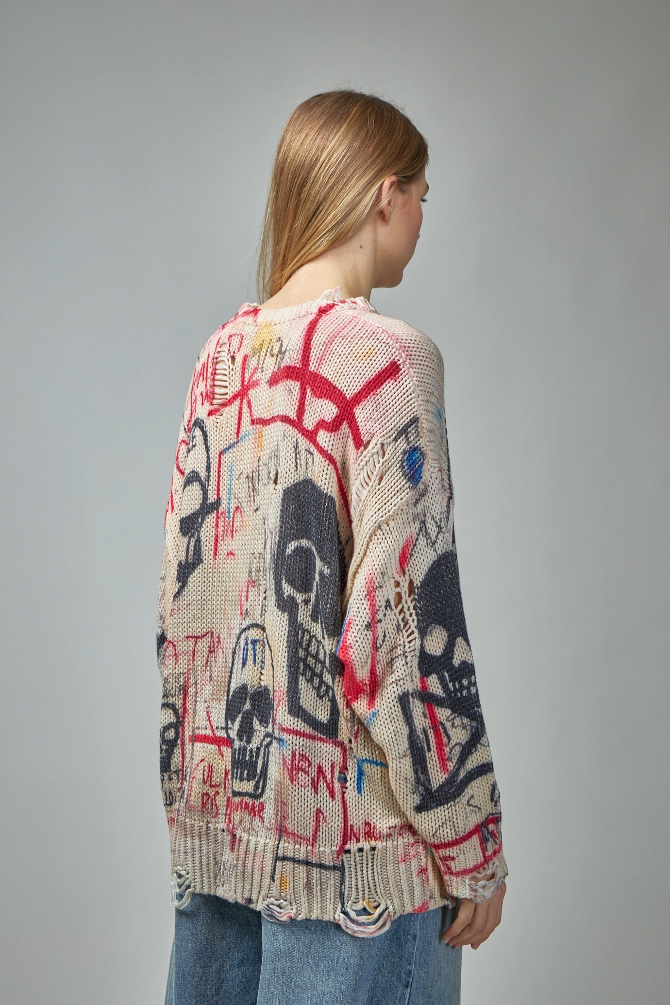Printed Oversized Sweater Skull Graffiti Print - 3