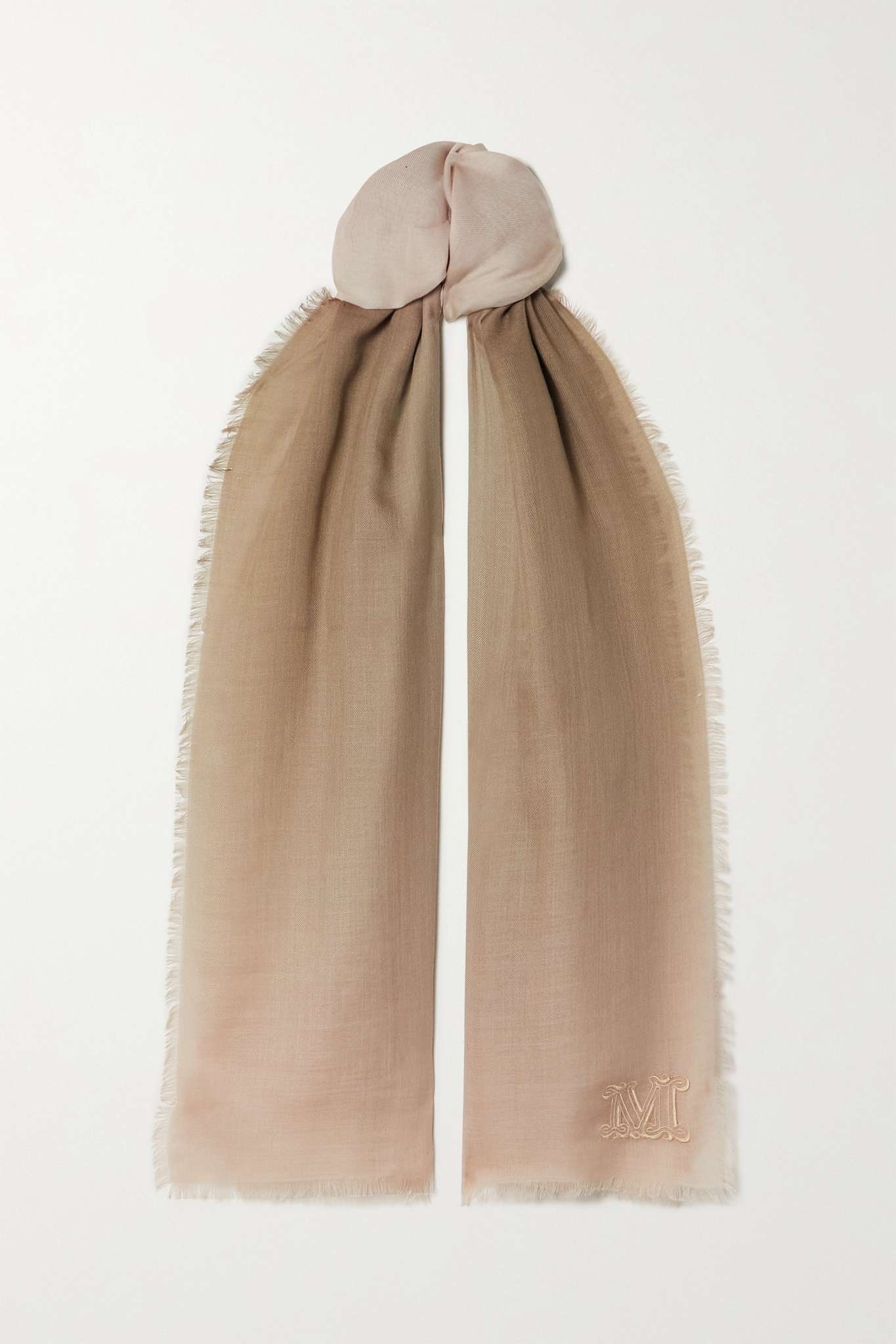 Frayed embroidered ombré cashmere and silk-blend scarf - 1