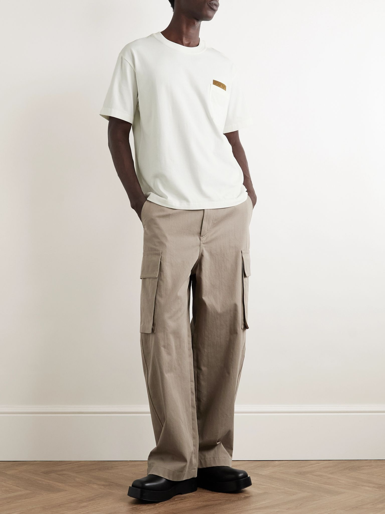 Intrecciato Suede-Trimmed Cotton-Jersey T-Shirt Off-white - 2