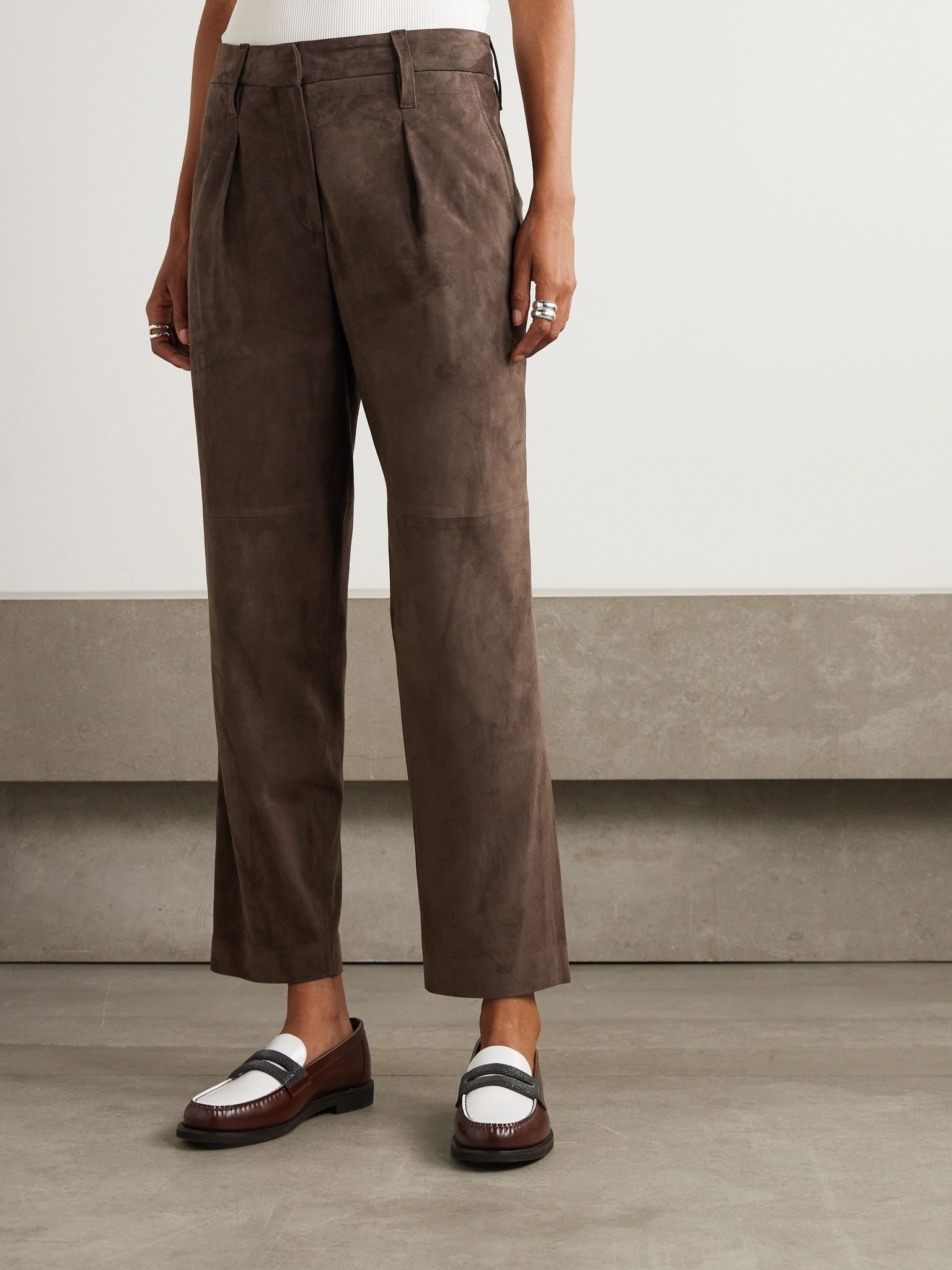 Pleated suede tapered pants Brown - 3