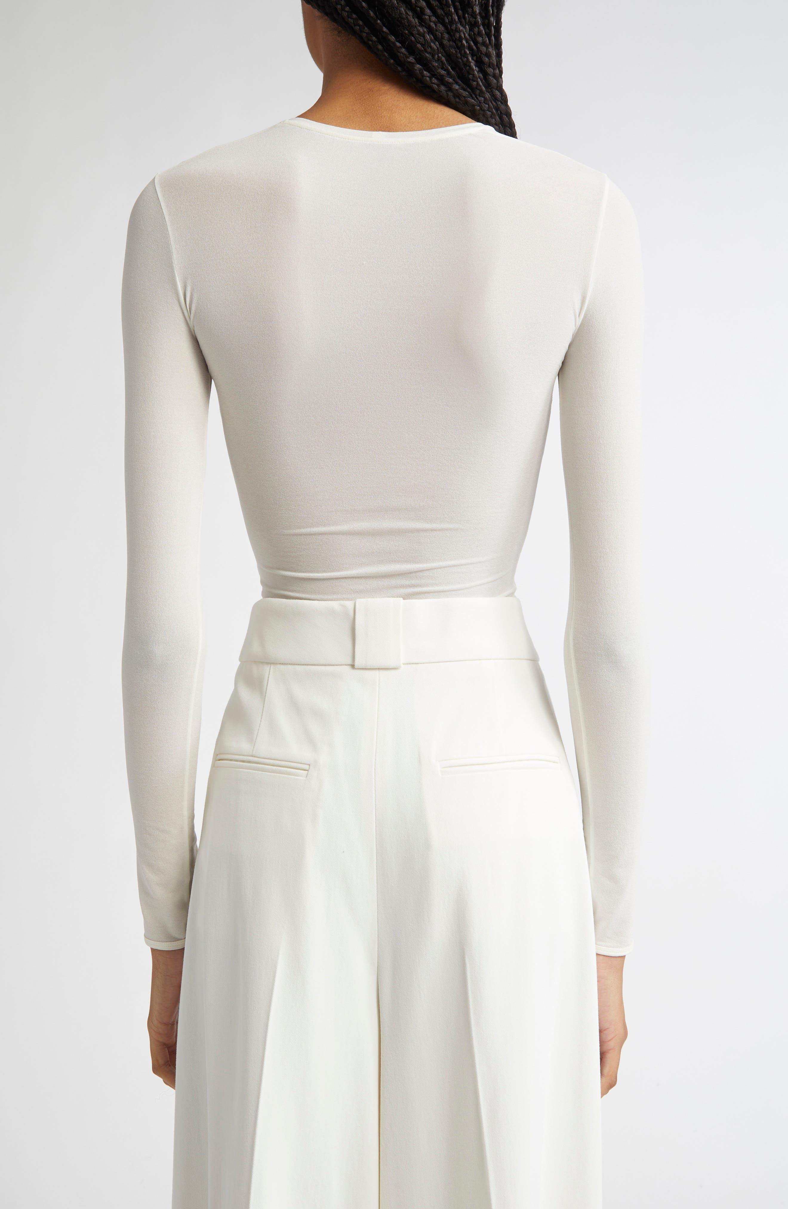 FFORME Fitted Long Sleeve Stretch Silk Top in Off White at Nordstrom - 2