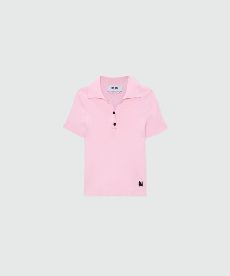 Pink ribbed techno-viscose polo shirt with contrast button detail 1