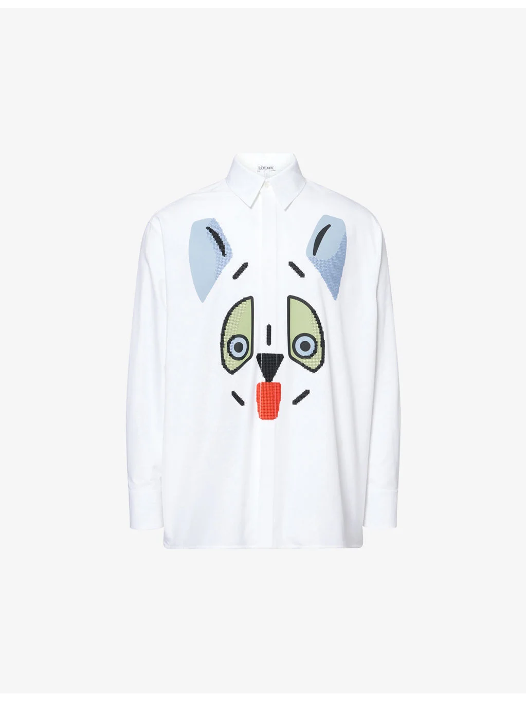 Cat Face Embroidered Cotton Shirt - 1